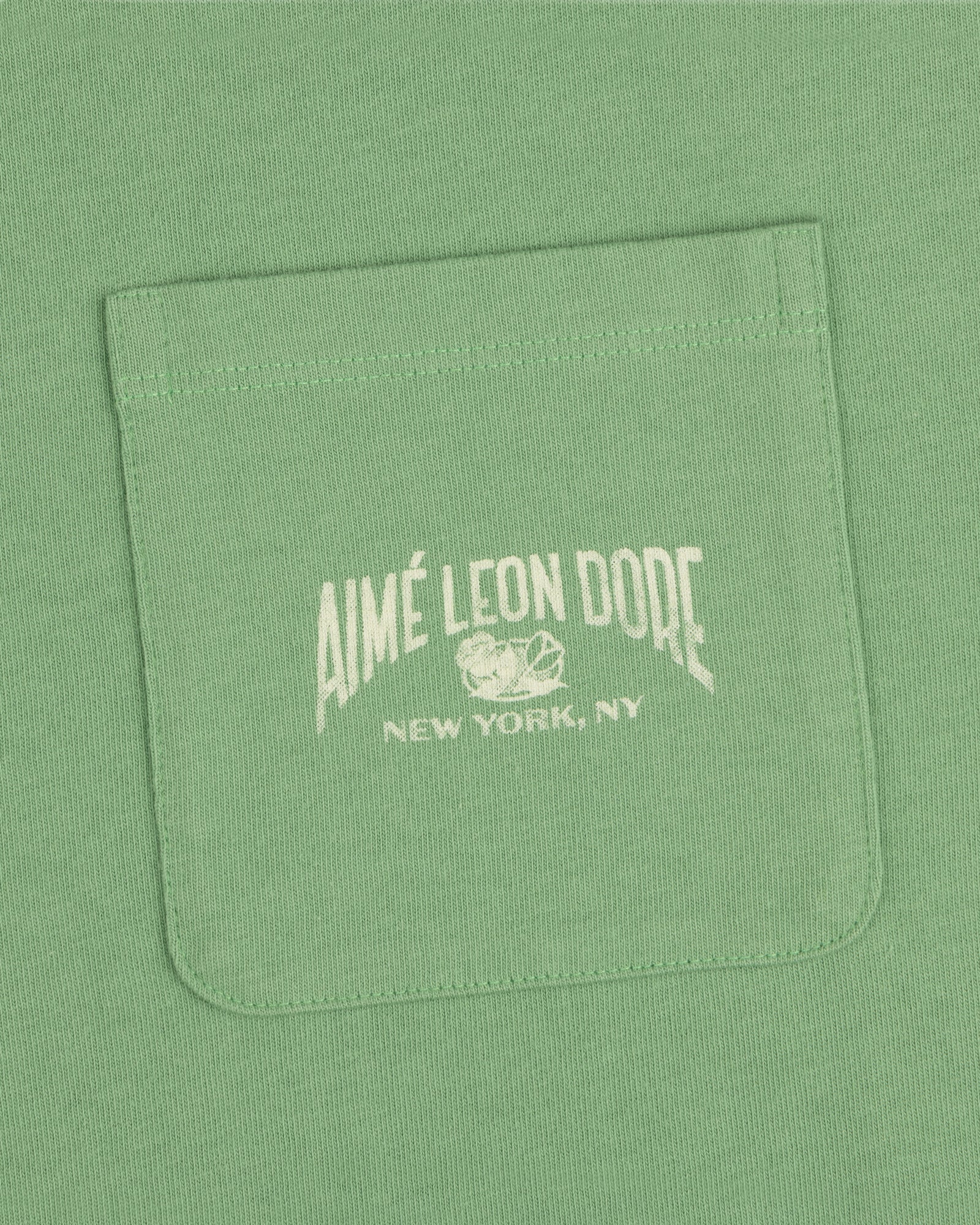 Neighborhood Pocket Tee in green with AIMÉ LEON DORE NEW YORK, NY and sports graphics printed in white on the pocket.