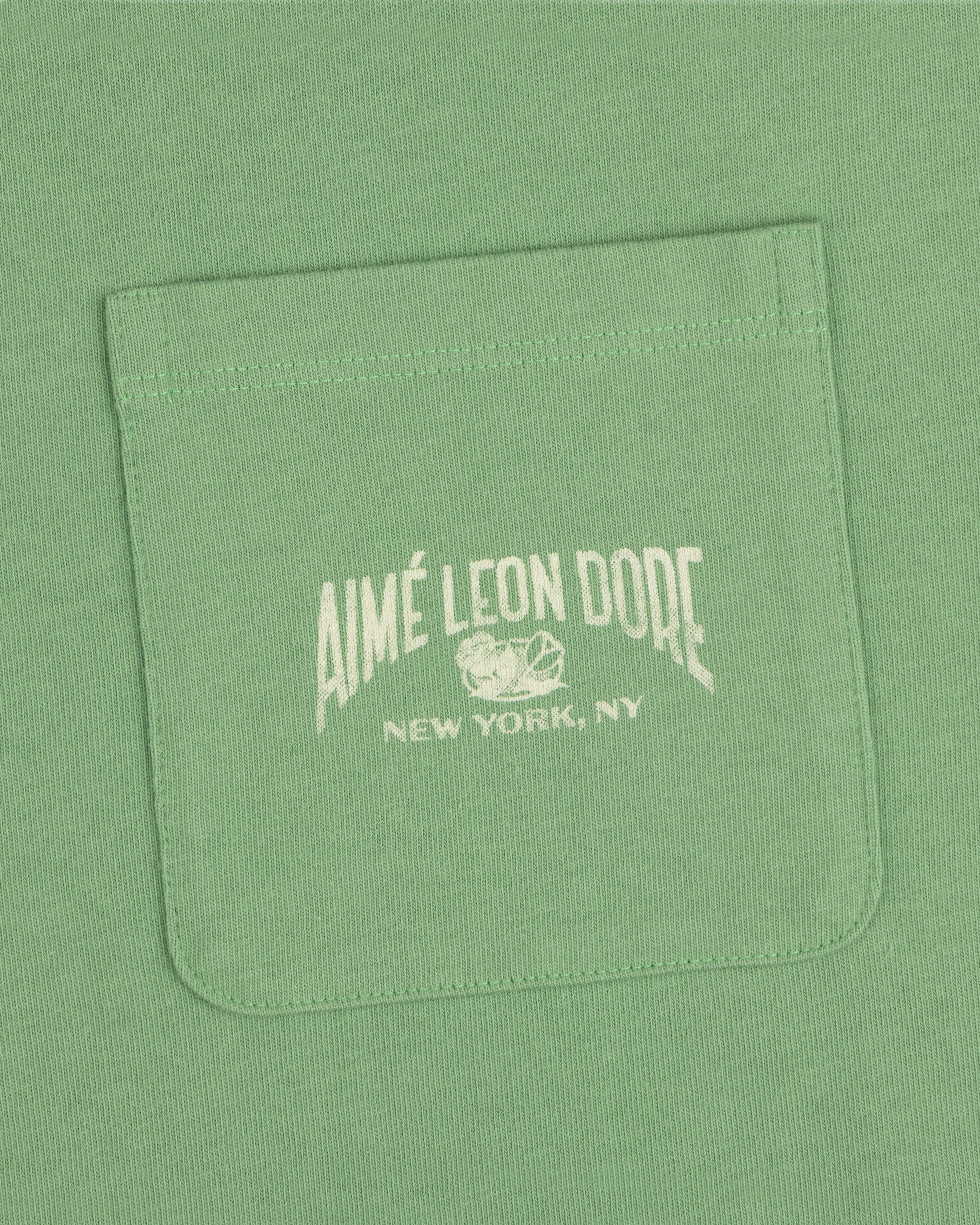 Neighborhood Pocket Tee in green with AIMÉ LEON DORE NEW YORK, NY and sports graphics printed in white on the pocket.