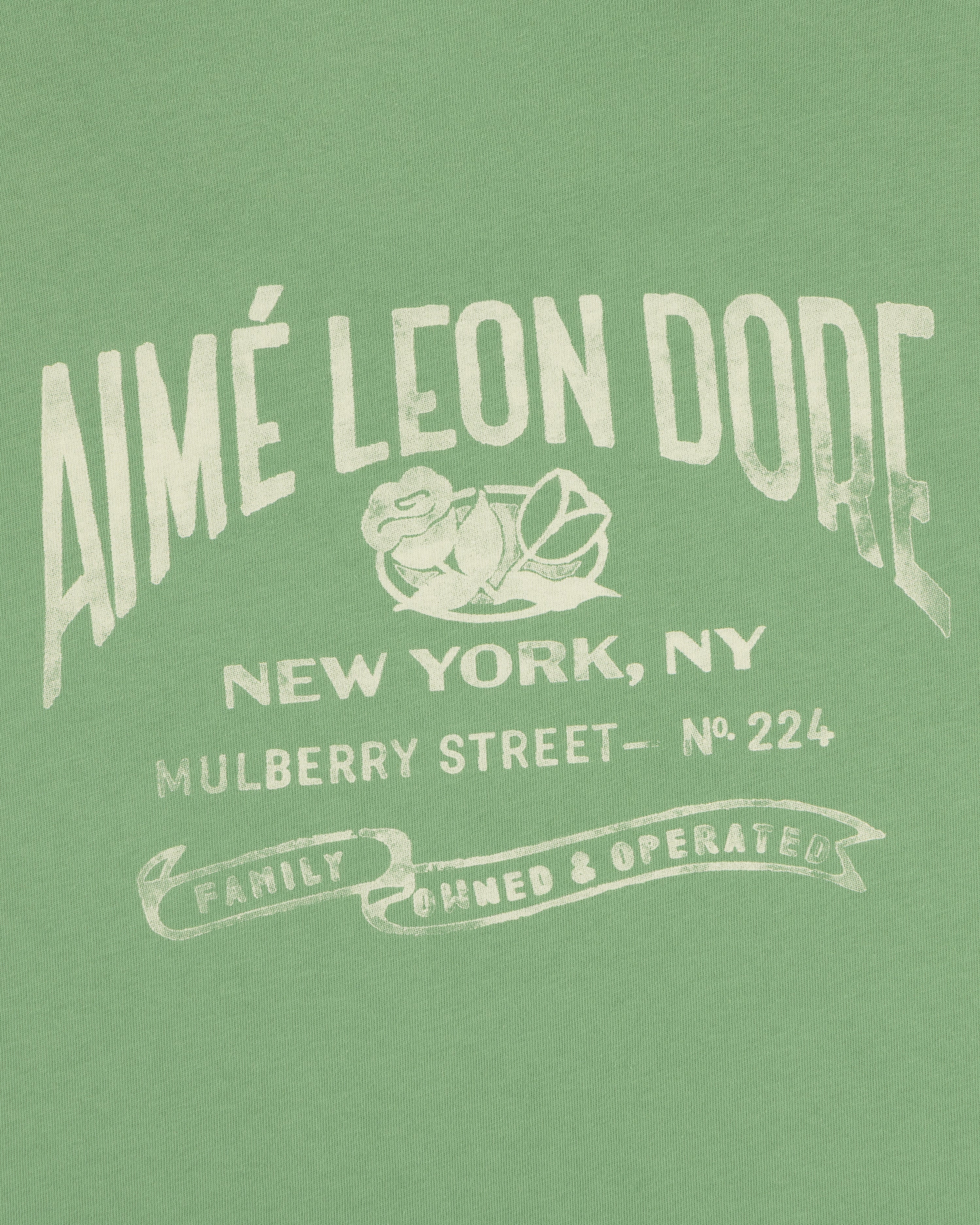 Green Neighborhood Pocket Tee with white text: AIMÉ LEON DORE, New York, Mulberry Street No. 224.