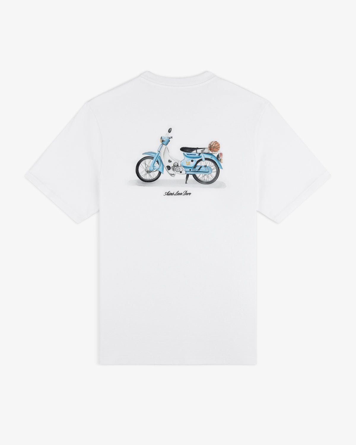 Super Cub Tee: White t-shirt featuring a blue vintage moped with a dog on the seat, seen from behind.