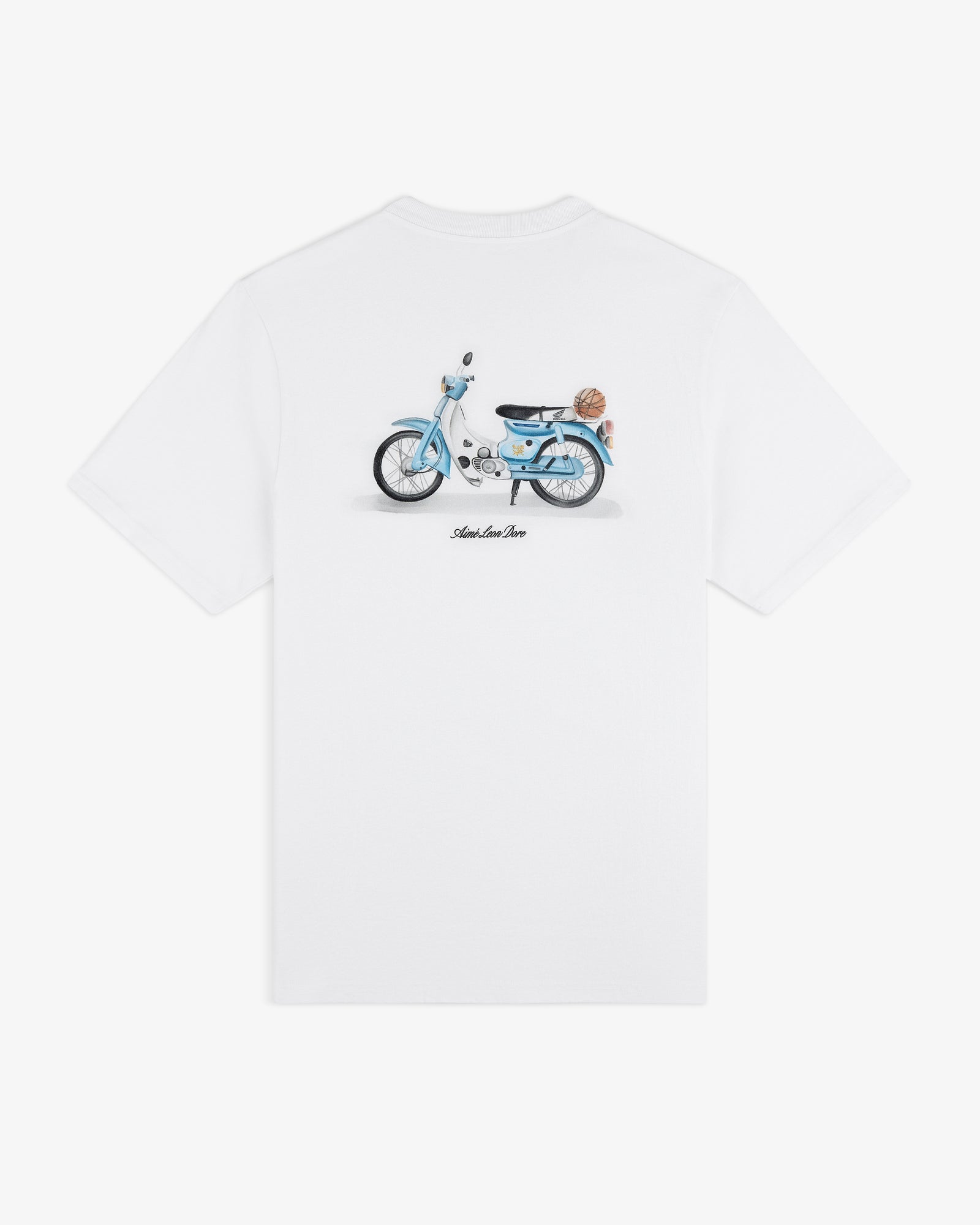Super Cub Tee: White t-shirt featuring a blue vintage moped with a dog on the seat, seen from behind.