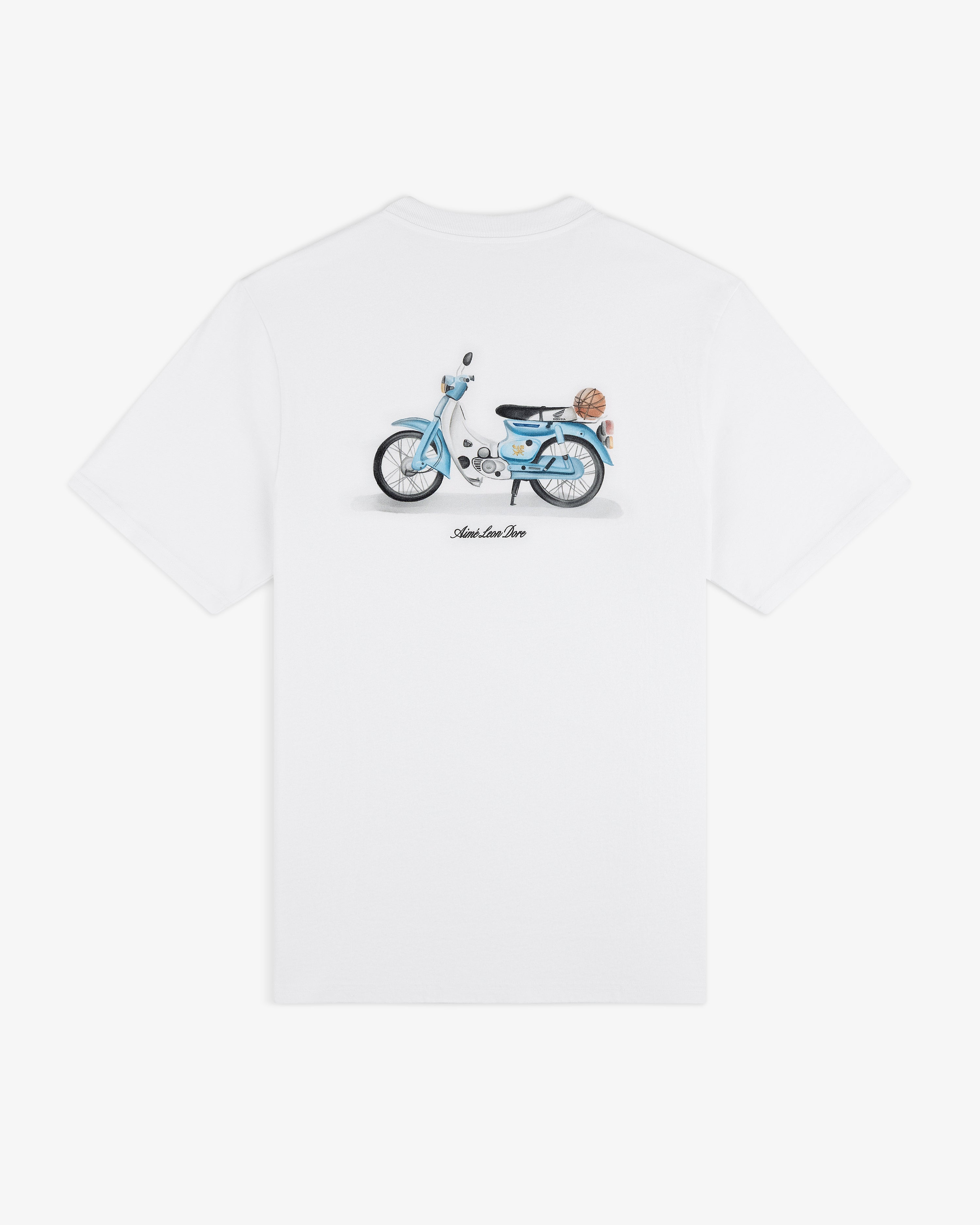 Super Cub Tee: White t-shirt featuring a blue vintage moped with a dog on the seat, seen from behind.