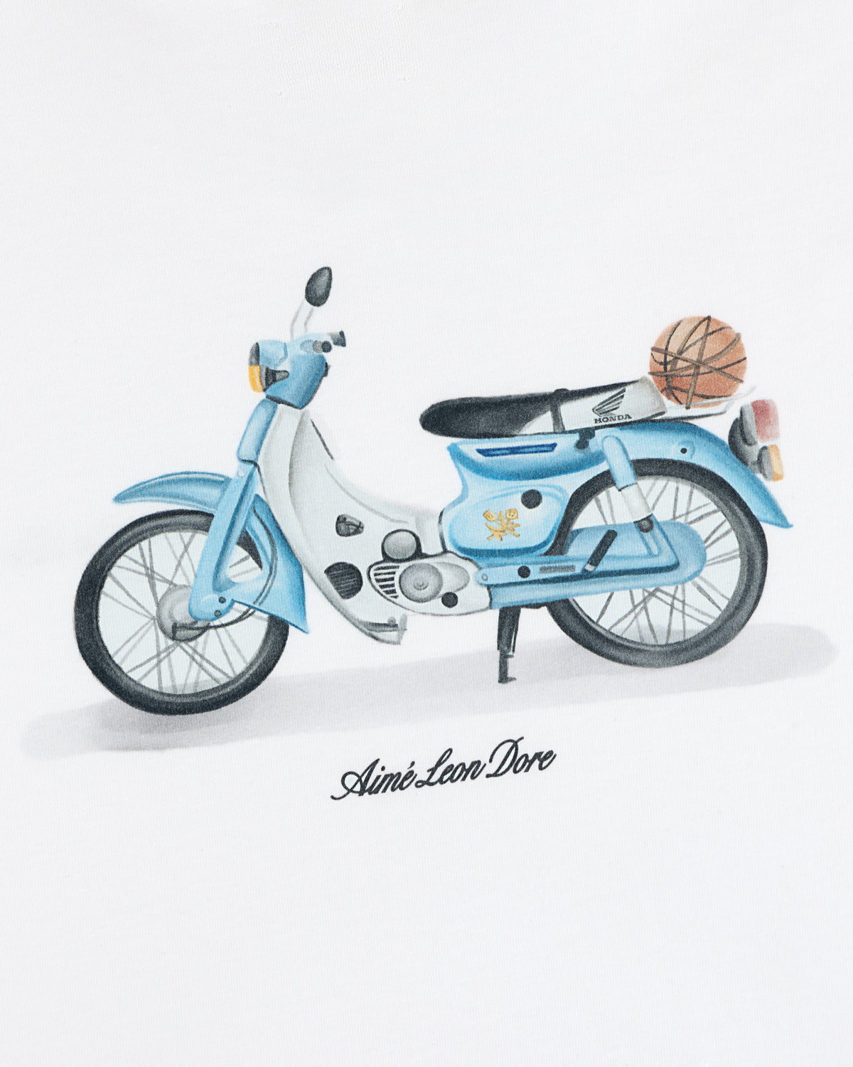 Illustration of a blue and white vintage moped with a basketball, "Super Cub Tee" written below.