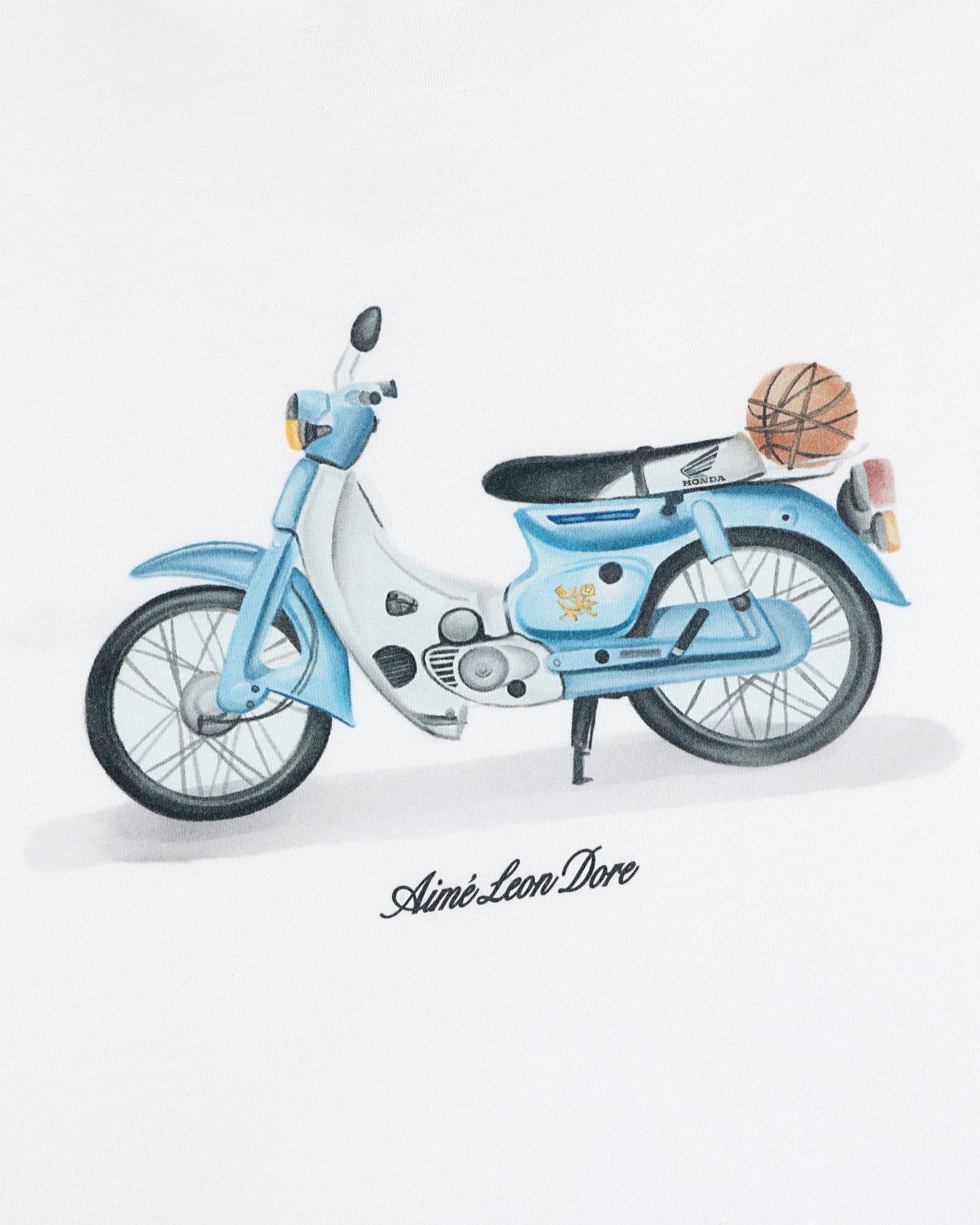 Illustration of a blue and white vintage moped with a basketball, "Super Cub Tee" written below.