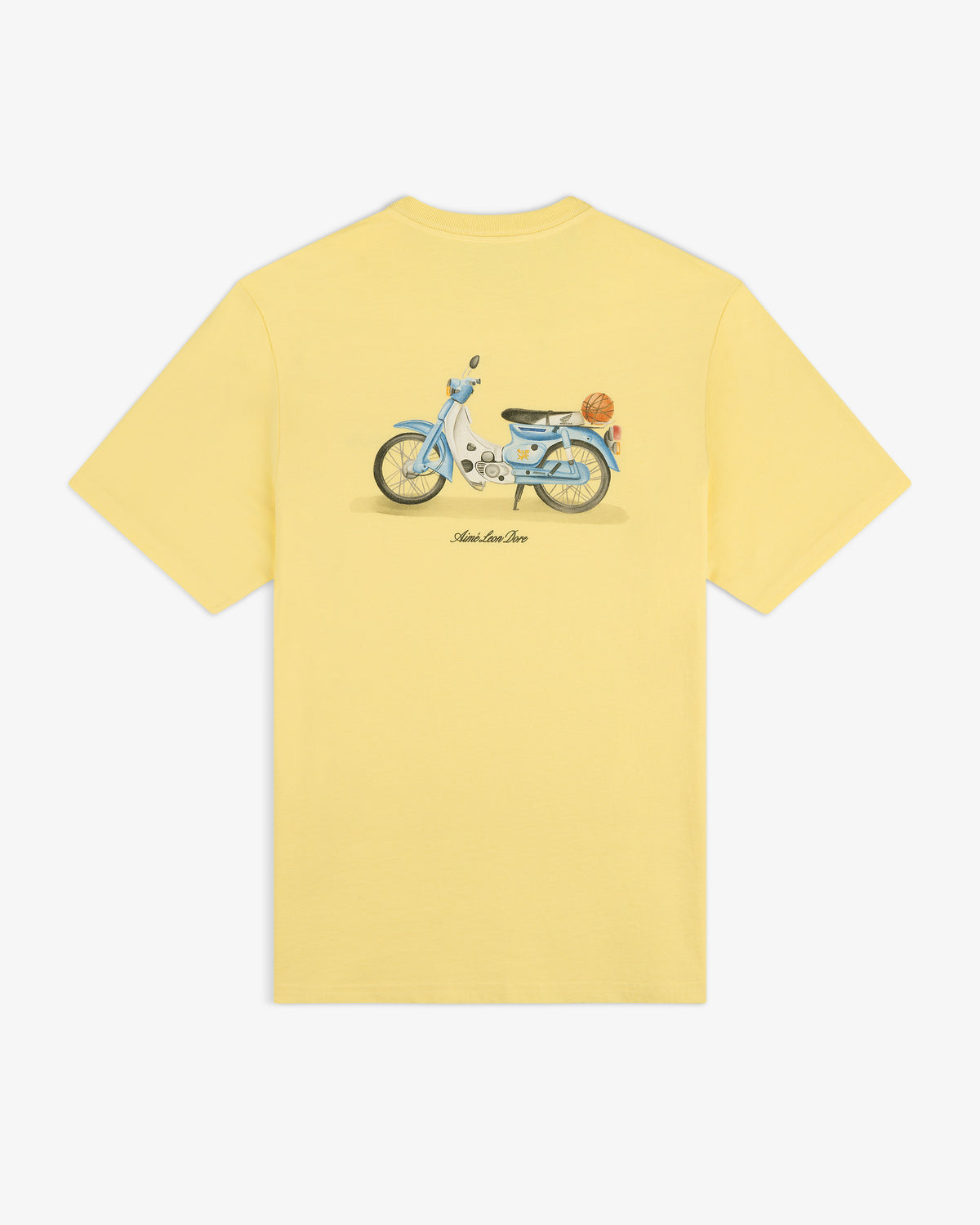 Super Cub Tee: Yellow t-shirt with a blue vintage scooter graphic, basket on back, and “Slow Low Sun” text.
