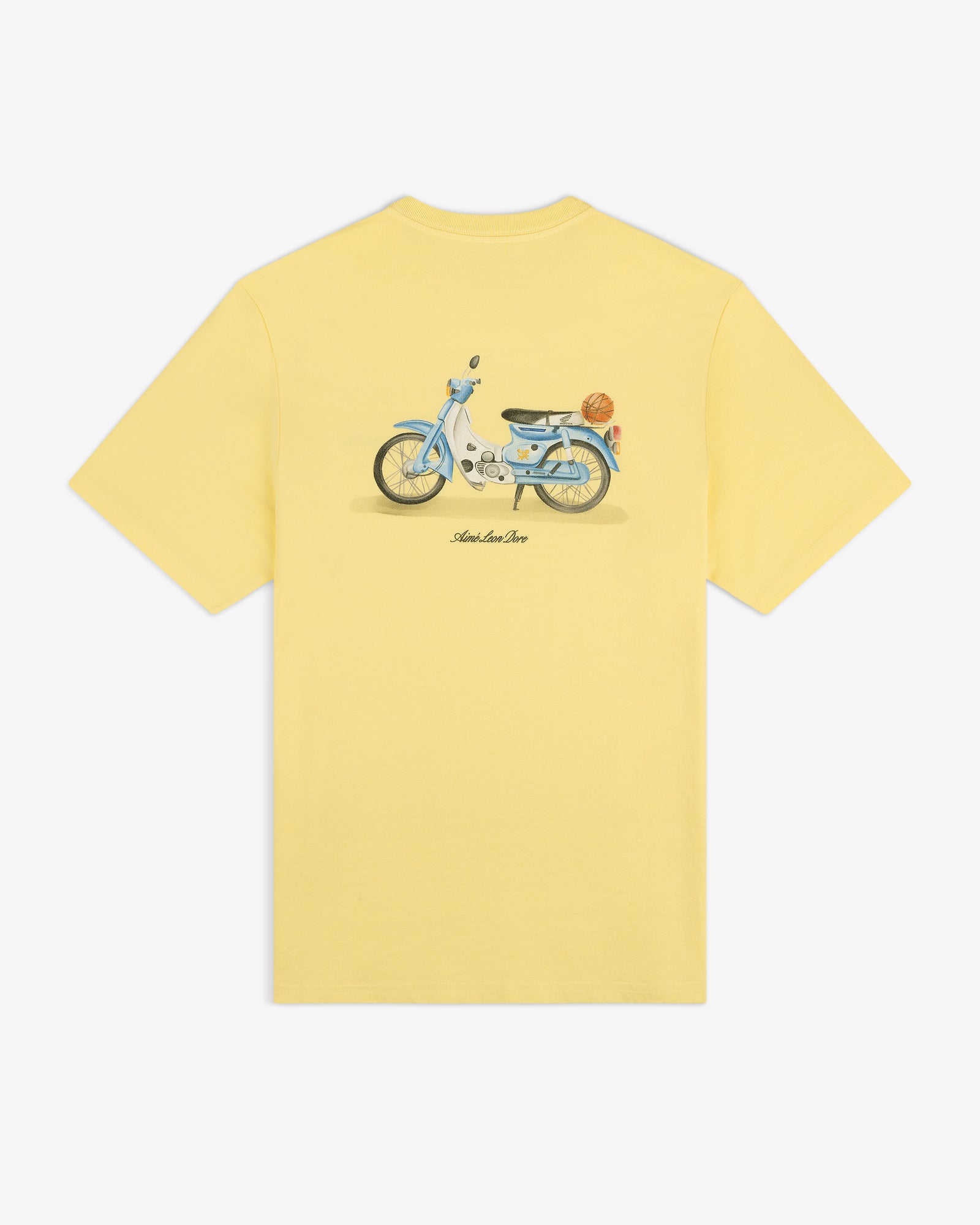 Super Cub Tee: Yellow t-shirt with a blue vintage scooter graphic, basket on back, and “Slow Low Sun” text.