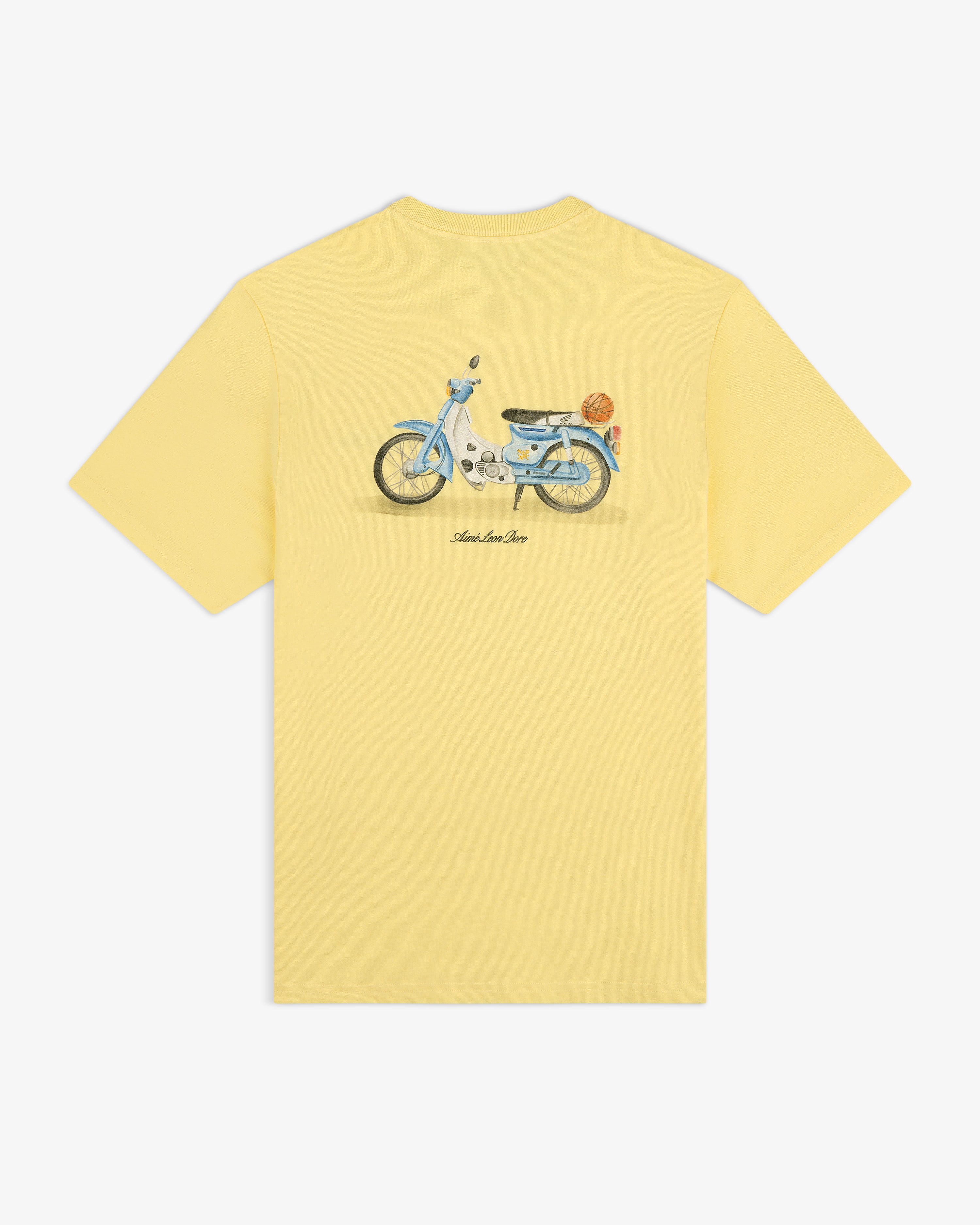 Super Cub Tee: Yellow t-shirt with a blue vintage scooter graphic, basket on back, and “Slow Low Sun” text.