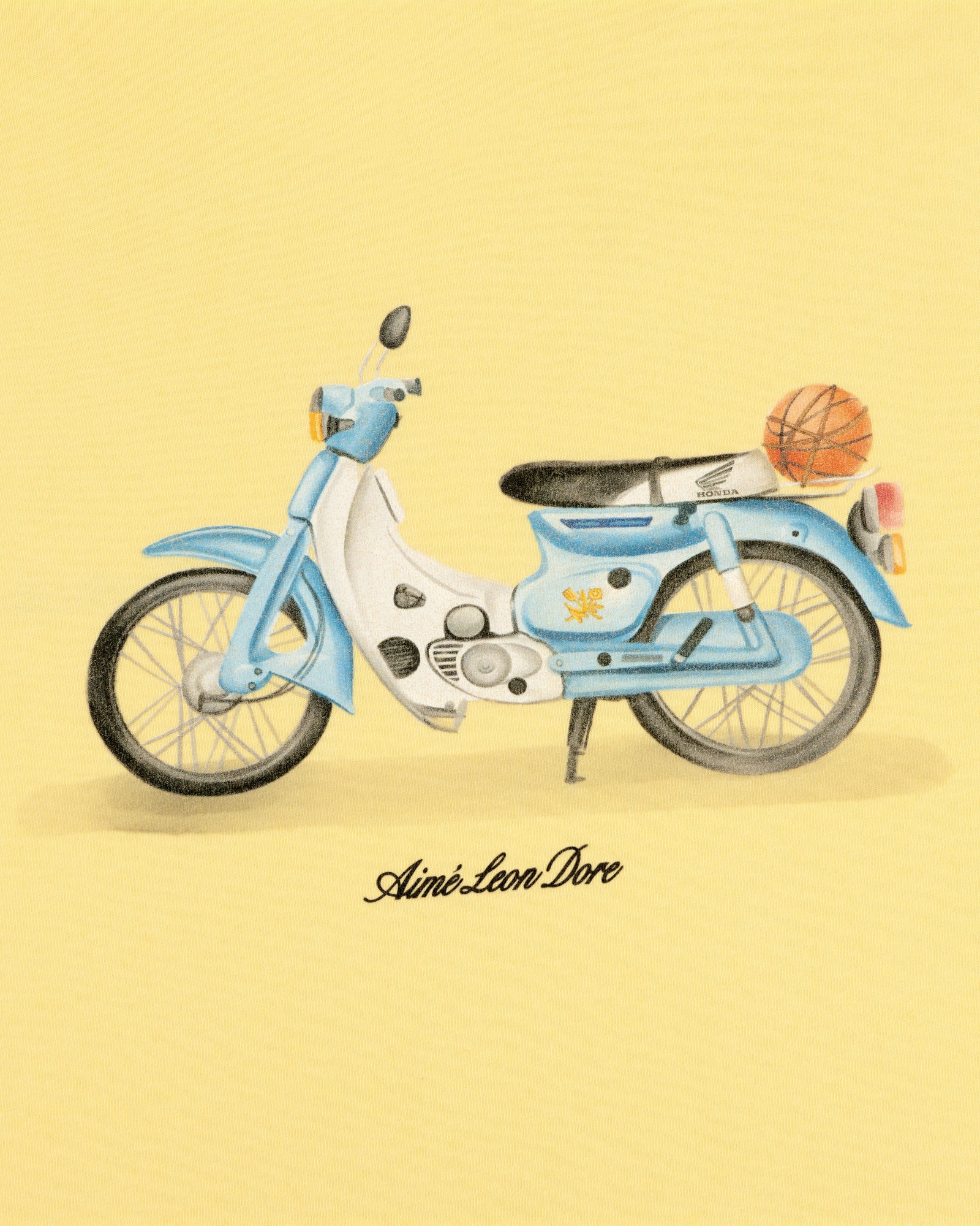 Illustration of a blue and white moped with a basketball, yellow background, and Super Cub Tee text below.