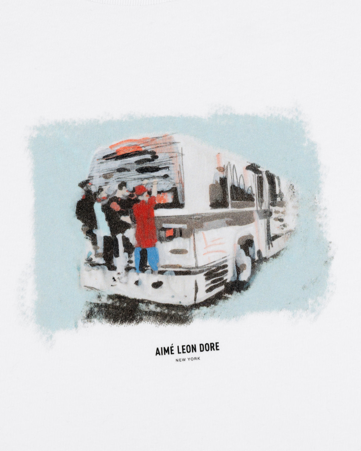 Illustration of people boarding a white bus with "Mesaikos Commuter Tee" text below on a white background.