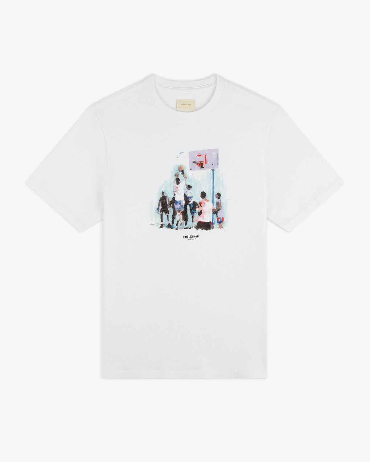 Mesaikos Hoops Tee: White t-shirt featuring kids playing basketball at a hoop with small text beneath the image.