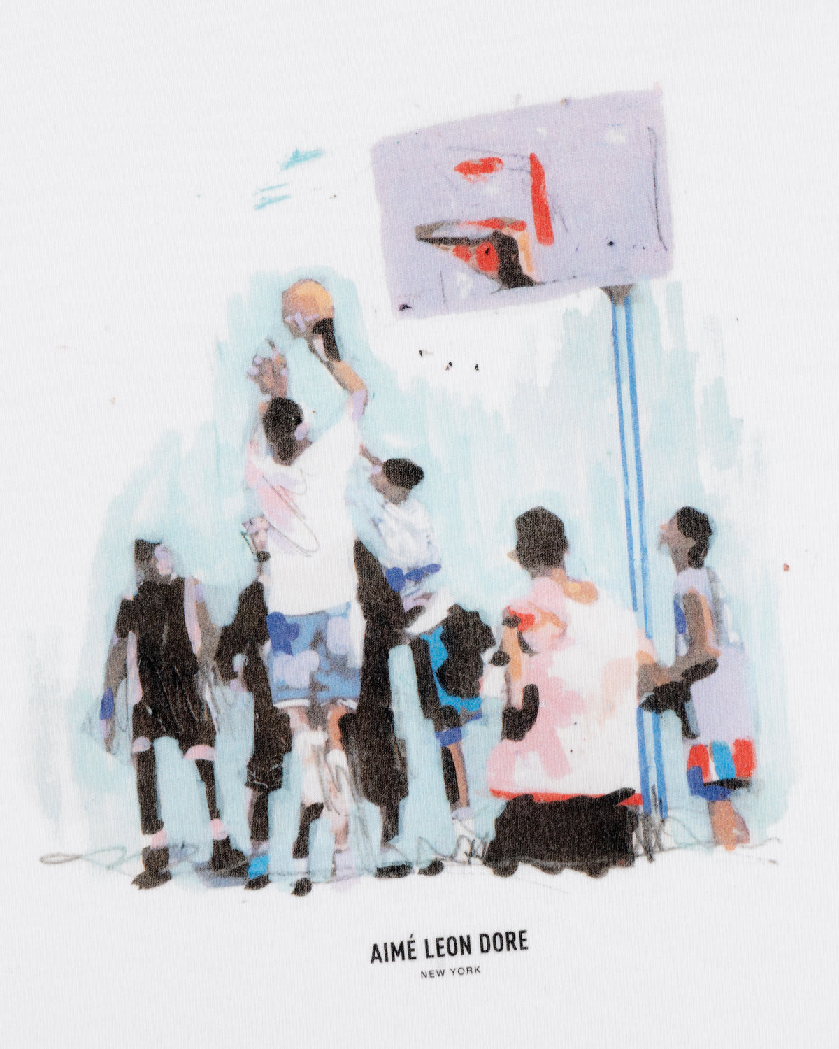 Illustrated kids playing outdoor basketball, one jumping to shoot; Mesaikos Hoops Tee branding below.