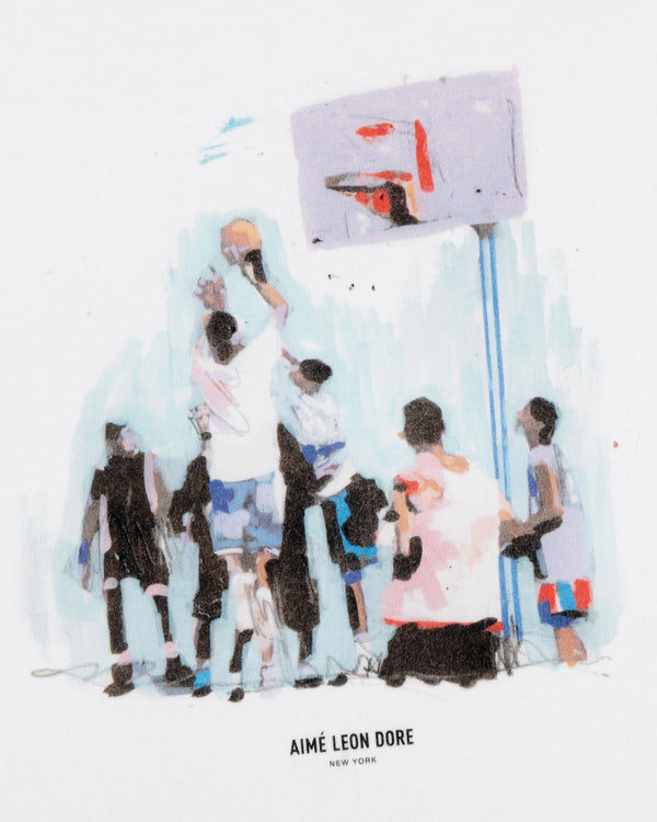 Illustrated kids playing outdoor basketball, one jumping to shoot; Mesaikos Hoops Tee branding below.