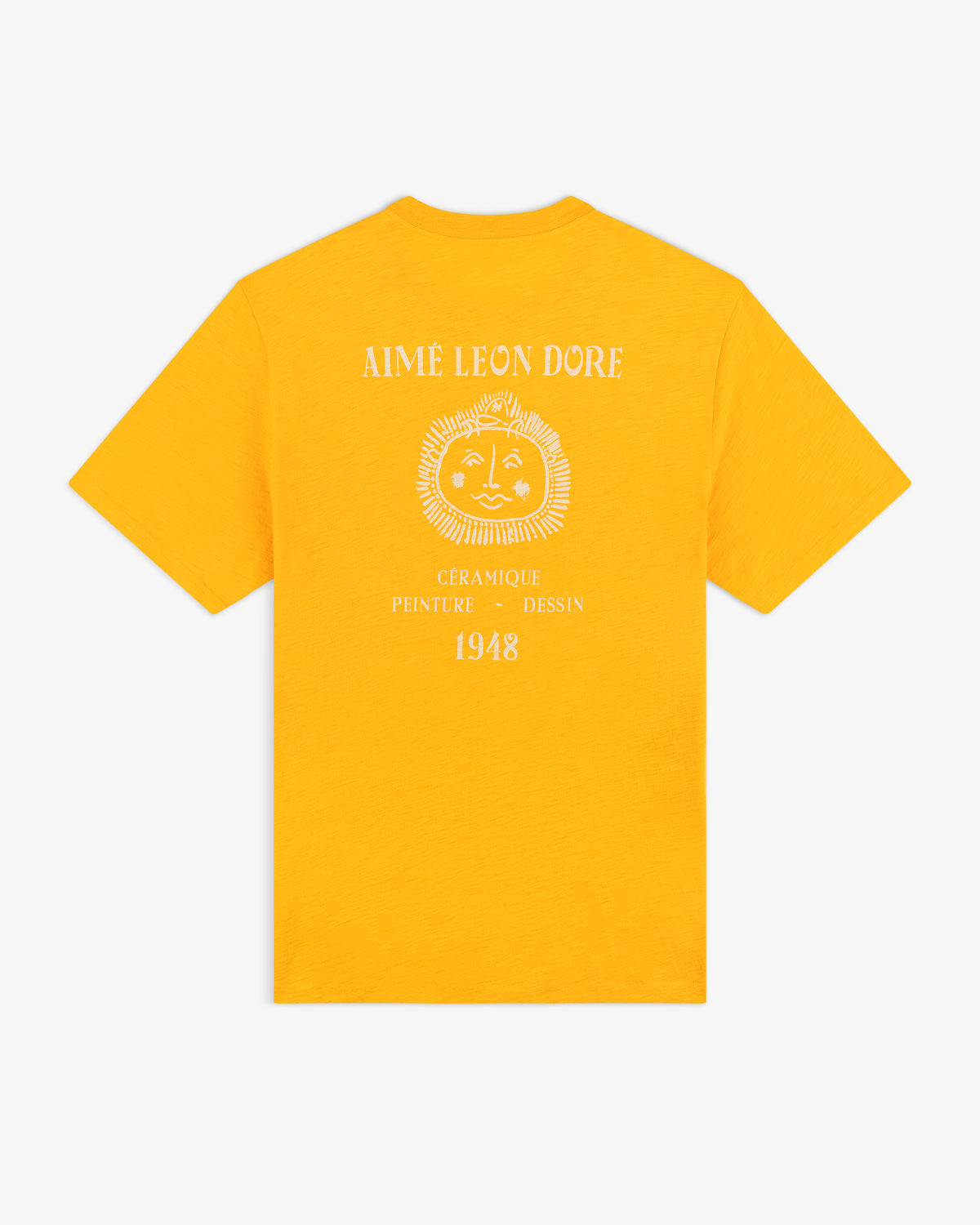 Back of a yellow Artiste Pocket Tee with a sun face graphic and white "Aime Leon Dore" and "1948" text.