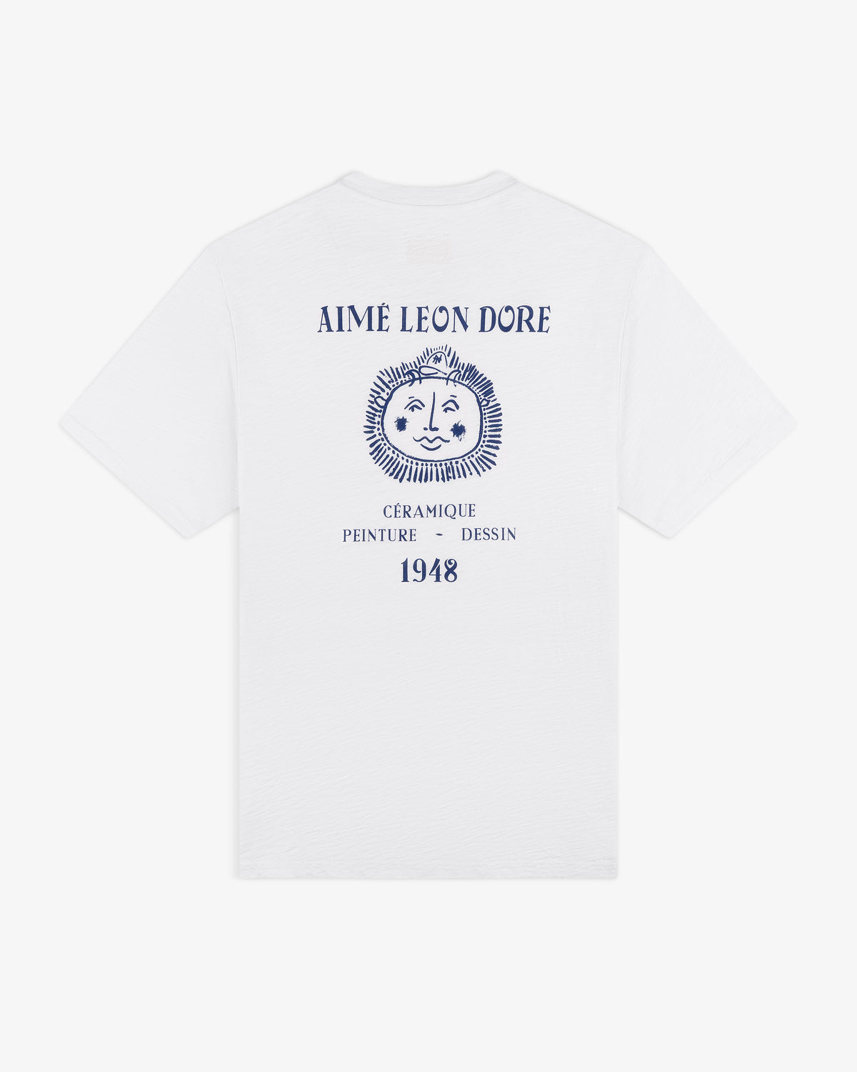 Artiste Pocket Tee: White shirt with blue AIMÉ LEON DORE text, sun face graphic, French words & 1948 on back.