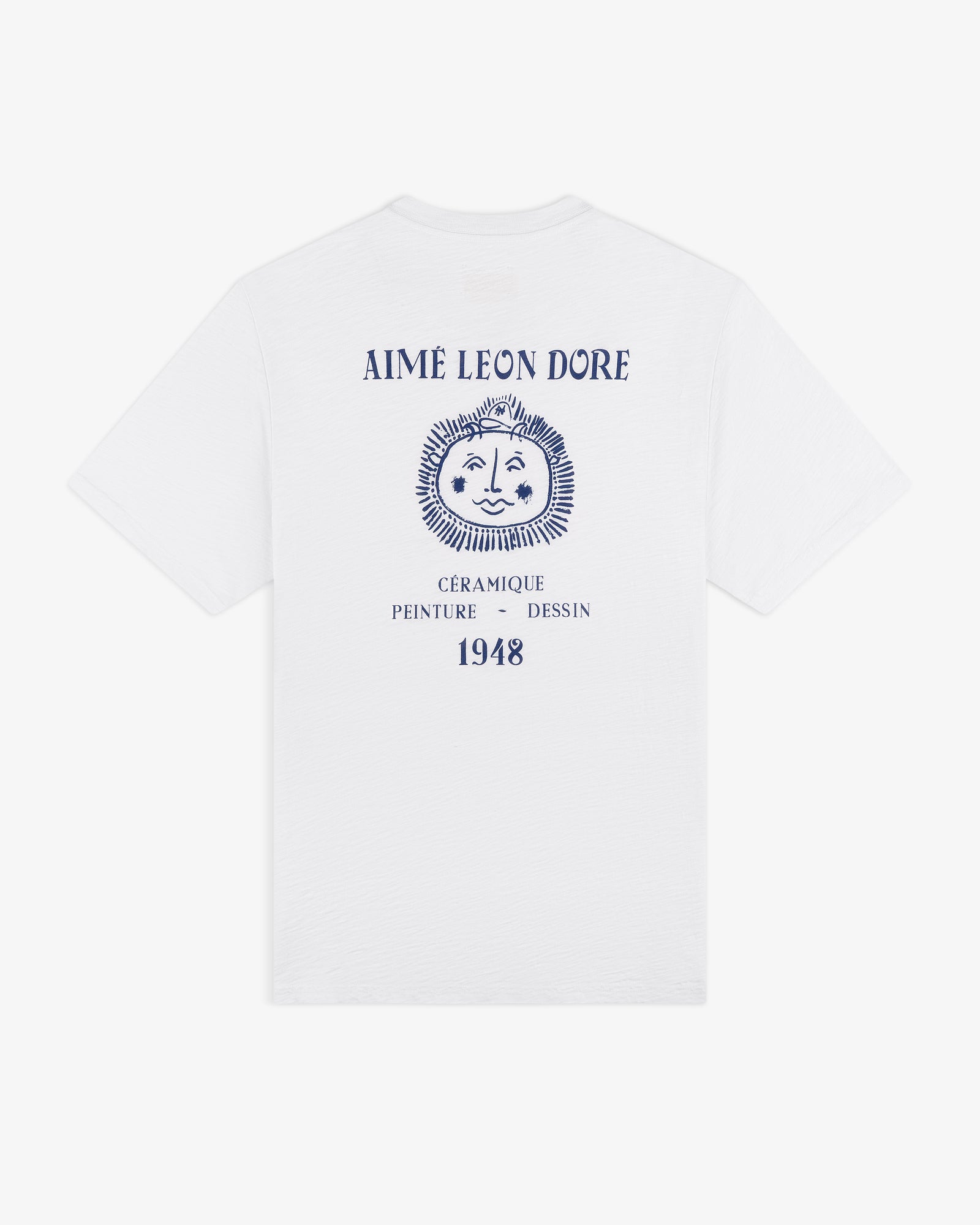 Artiste Pocket Tee: White shirt with blue AIMÉ LEON DORE text, sun face graphic, French words & 1948 on back.