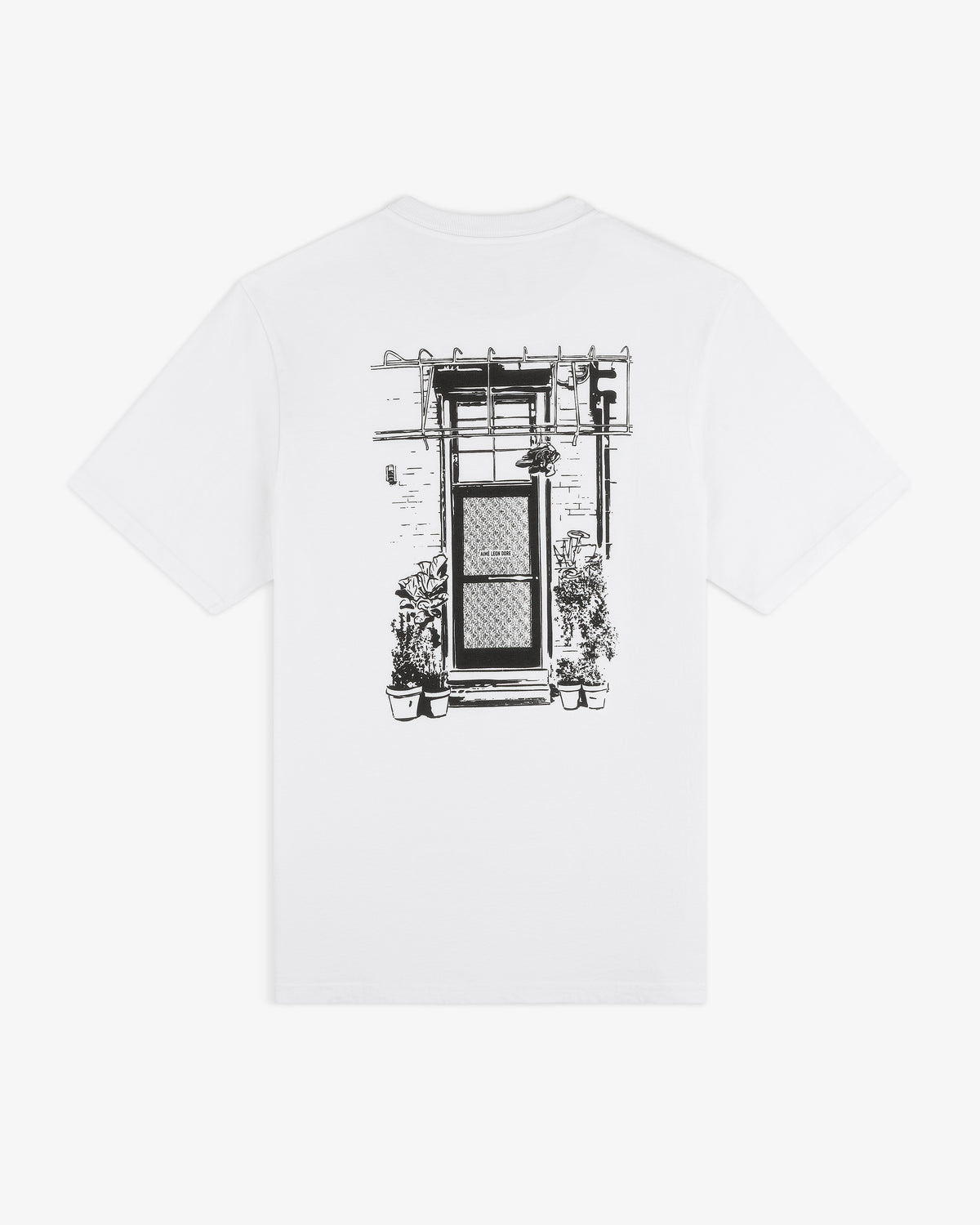 Mott Street Tee: White T-shirt with a black line drawing of a door, window, and potted plants on the back.