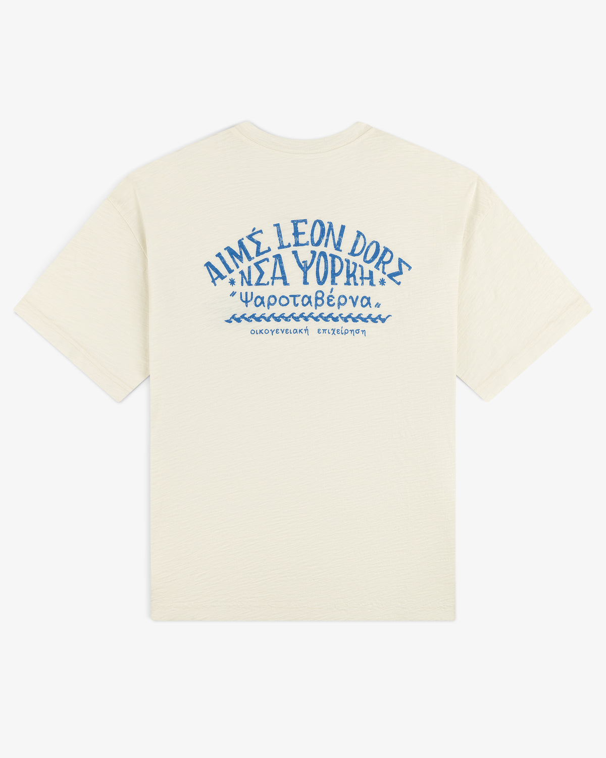 Off-white Taverna Tee with blue Greek text and AIMÉ LEON DORE printed on the upper back.