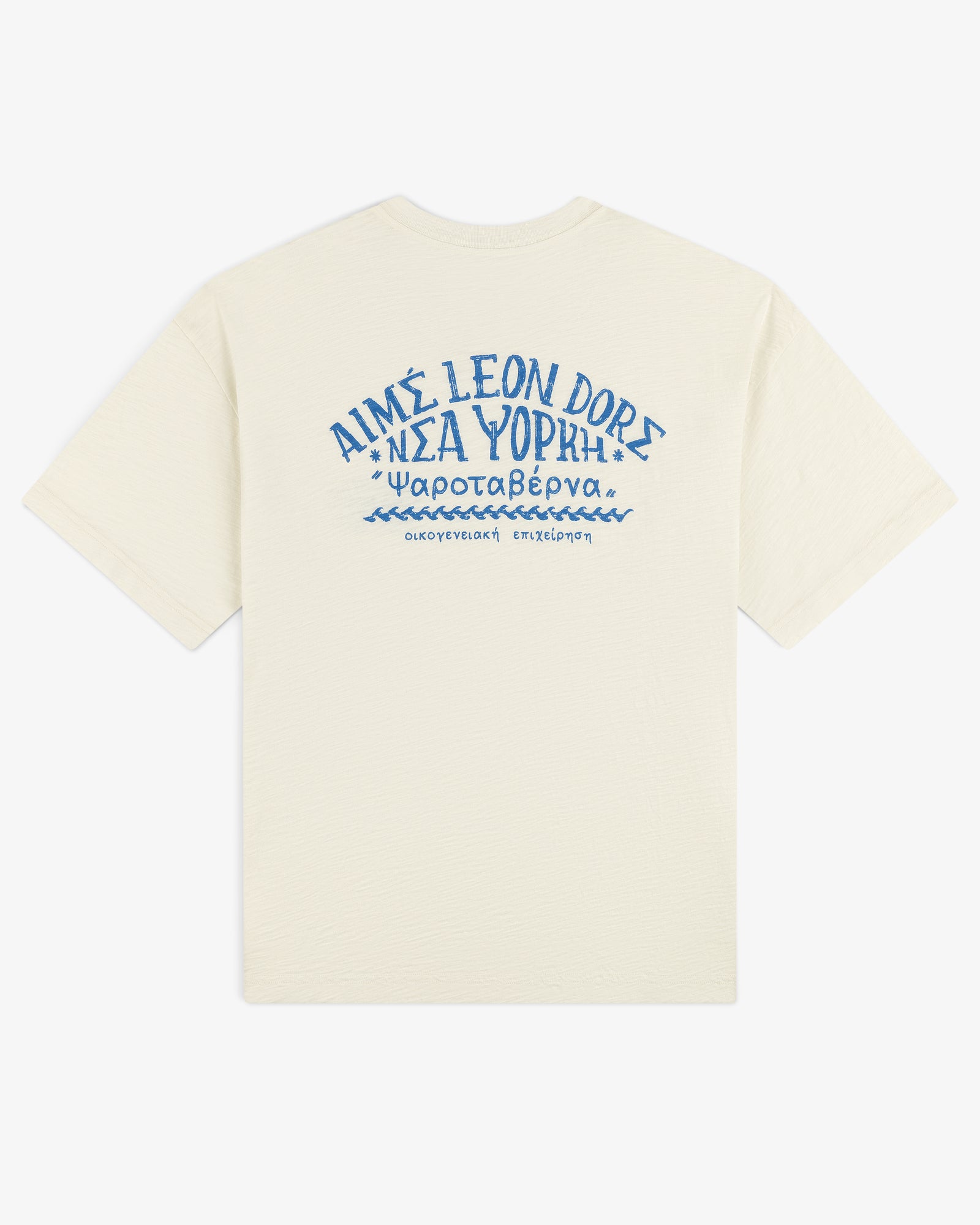 Off-white Taverna Tee with blue Greek text and AIMÉ LEON DORE printed on the upper back.