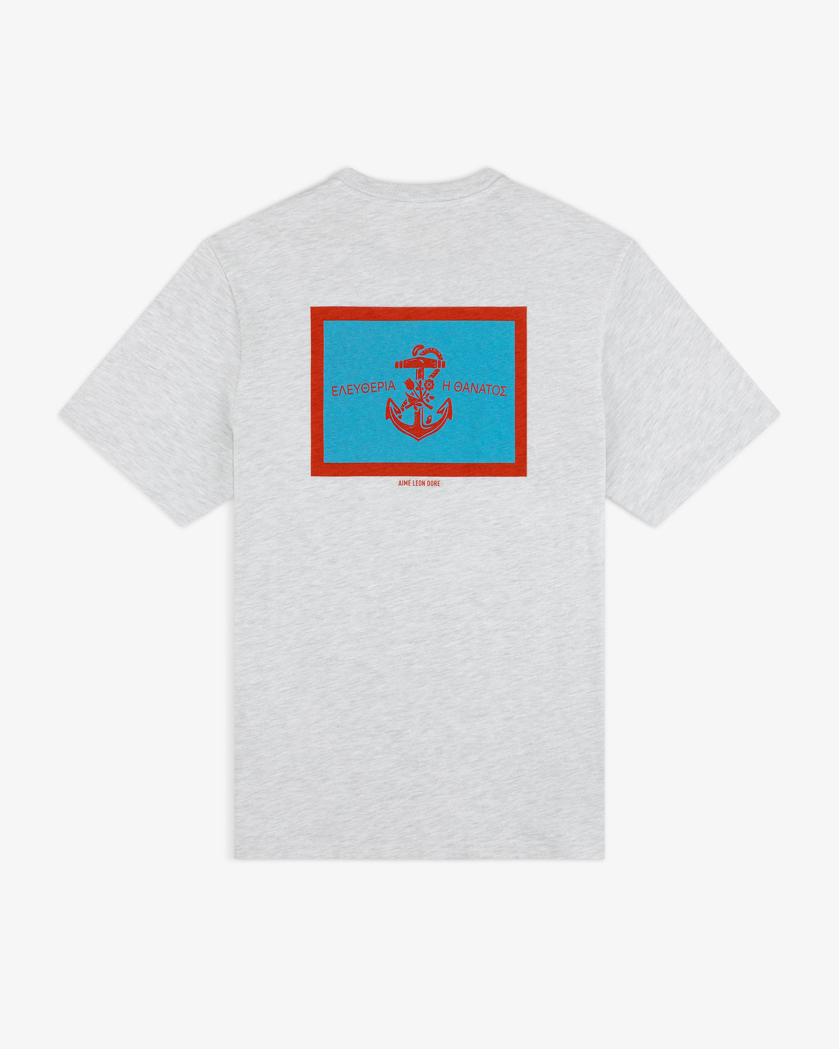 Coastal Flag Tee: Light gray shirt with blue/red anchor and Greek text on back, outlined by a red rectangle.