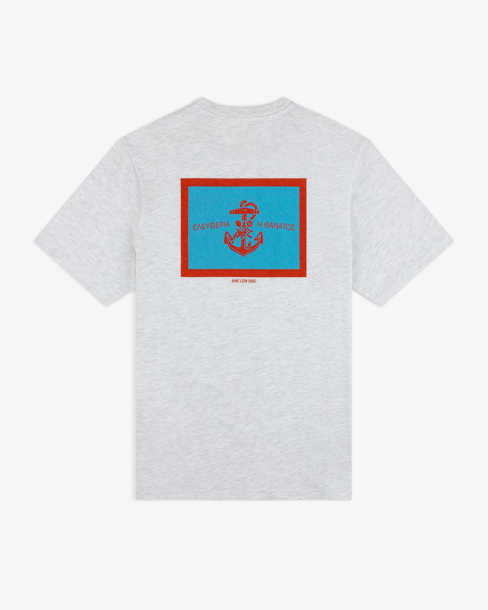 Coastal Flag Tee: Light gray shirt with blue/red anchor and Greek text on back, outlined by a red rectangle.
