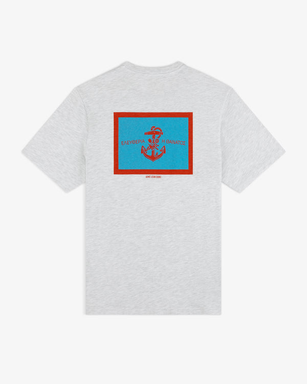 Coastal Flag Tee: Light gray shirt with blue/red anchor and Greek text on back, outlined by a red rectangle.