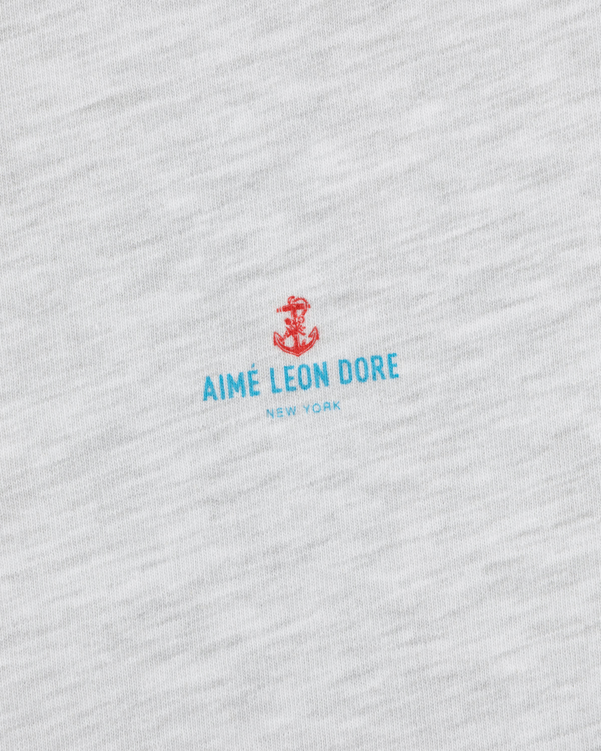 Gray Coastal Flag Tee with small red anchor graphic and blue AIMÉ LEON DORE NEW YORK text underneath.