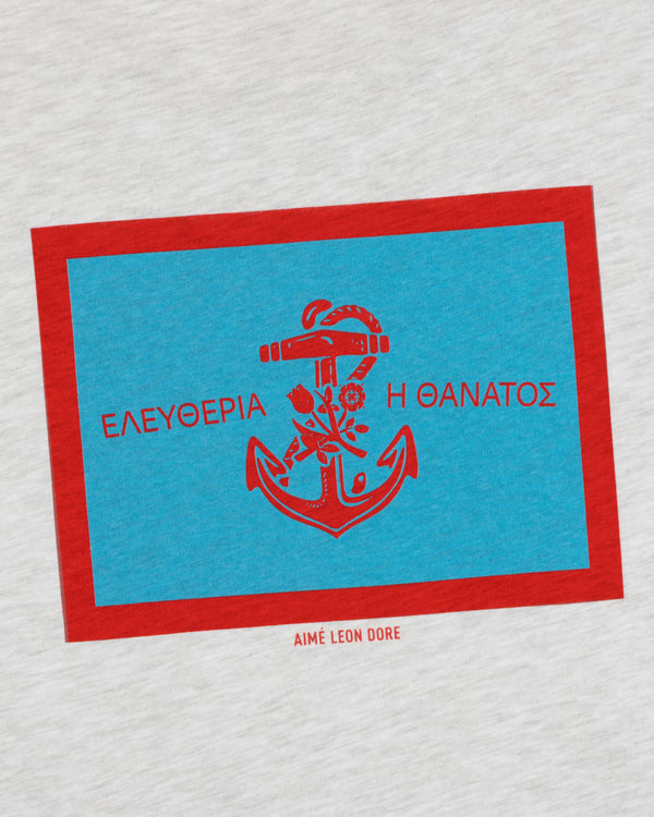 AIMÉ LEON DORE Coastal Flag Tee: Blue rectangle, red anchor & Greek text on light gray with red border.