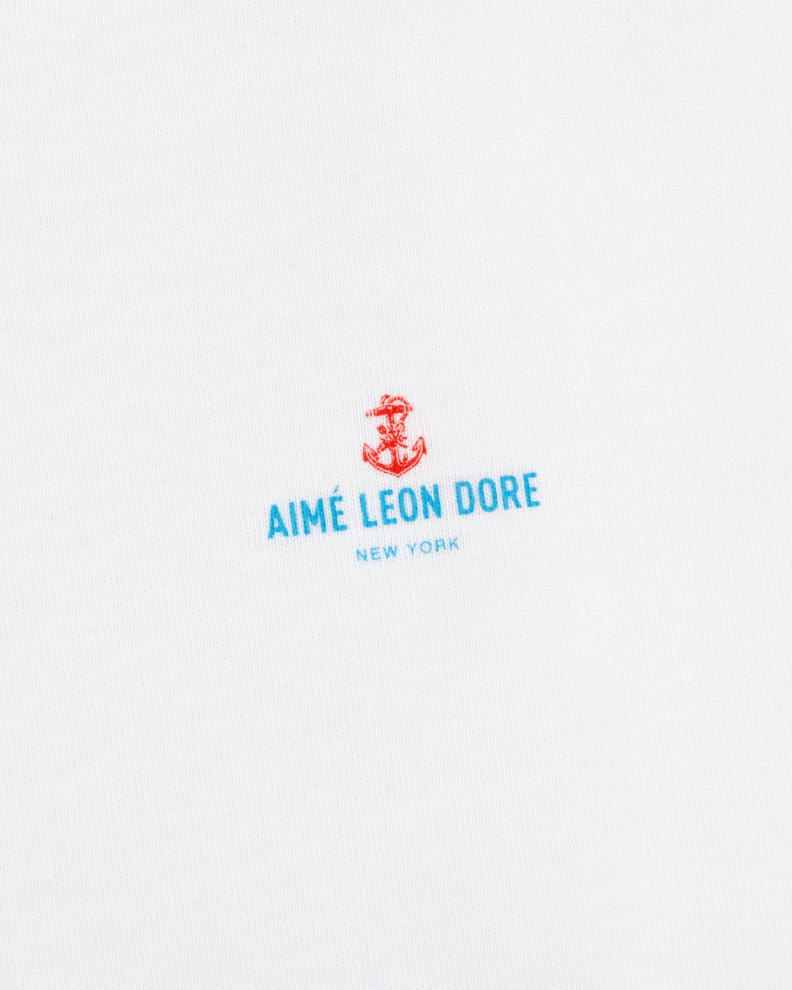 White fabric with a small red anchor above blue "AIMÉ LEON DORE NEW YORK" text; Coastal Flag Tee.