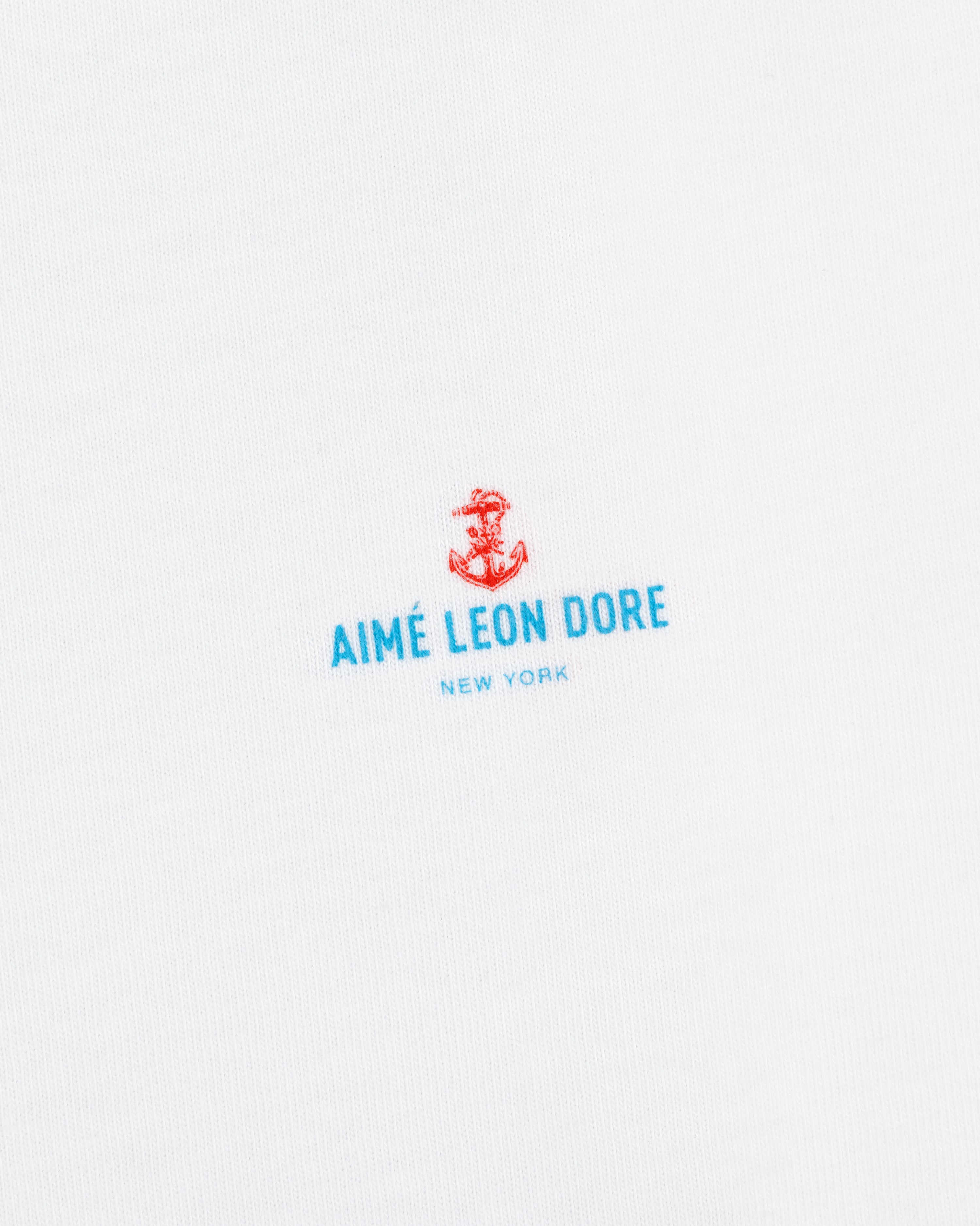 White fabric with a small red anchor above blue "AIMÉ LEON DORE NEW YORK" text; Coastal Flag Tee.