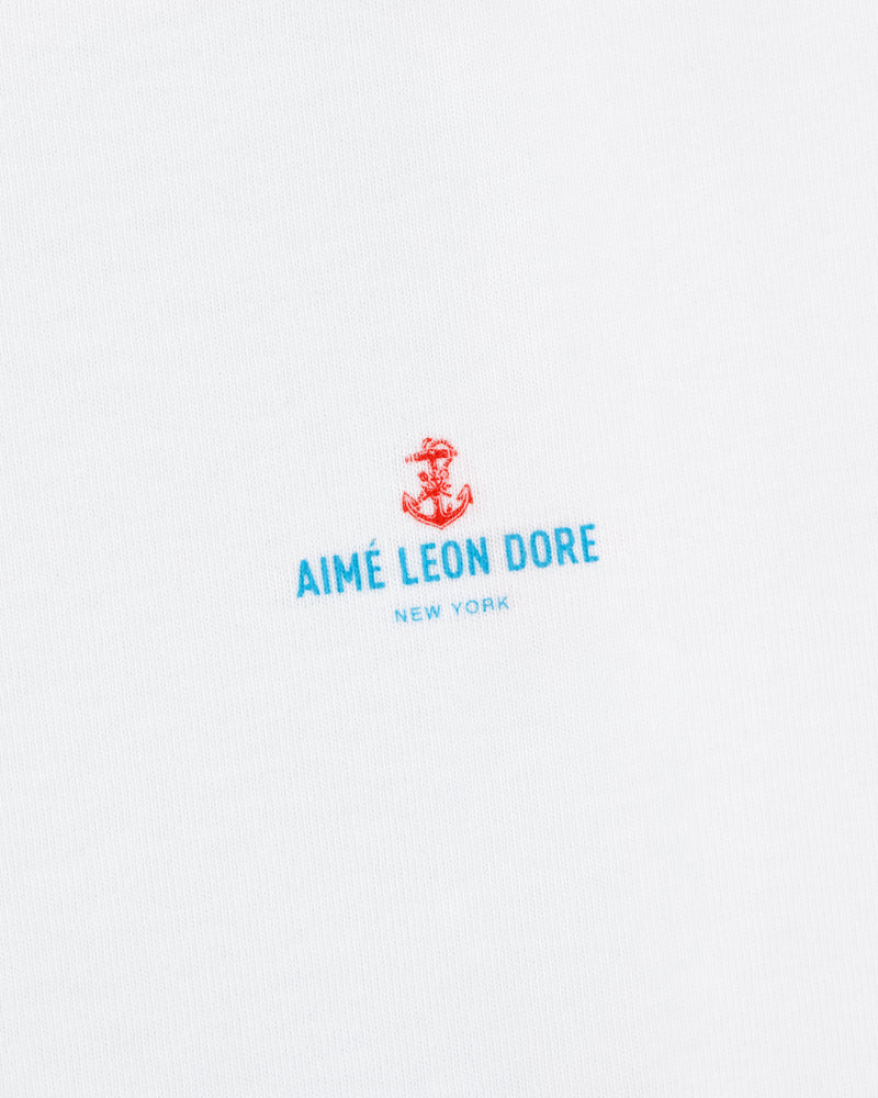 White fabric with a small red anchor above blue "AIMÉ LEON DORE NEW YORK" text; Coastal Flag Tee.