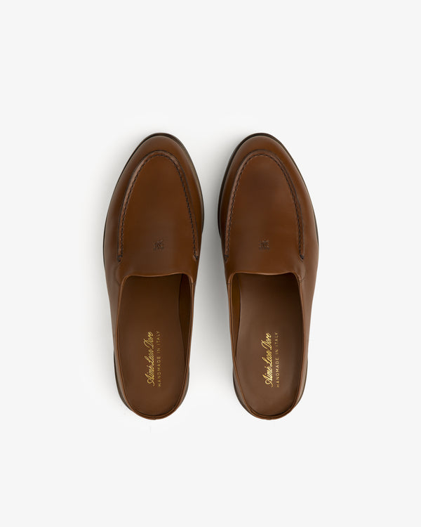 A pair of Venetian Mule brown leather slip-on loafers shown from above on a white background.