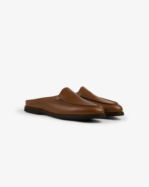 Venetian Mule brown leather slip-on loafers with black soles, shown on a white background at a slight right angle.