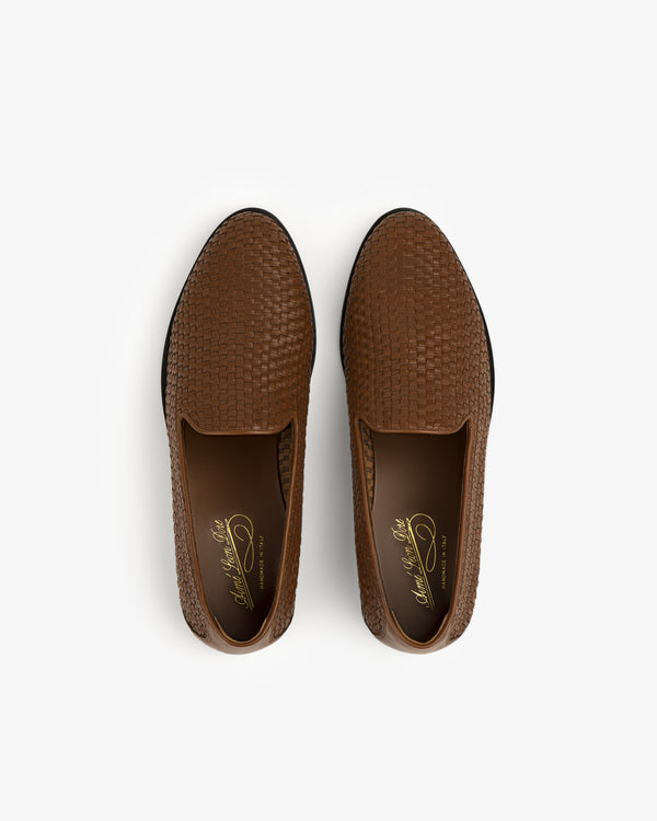 Leather Raffia Loafer in brown with a woven texture, shown from above on a white background.