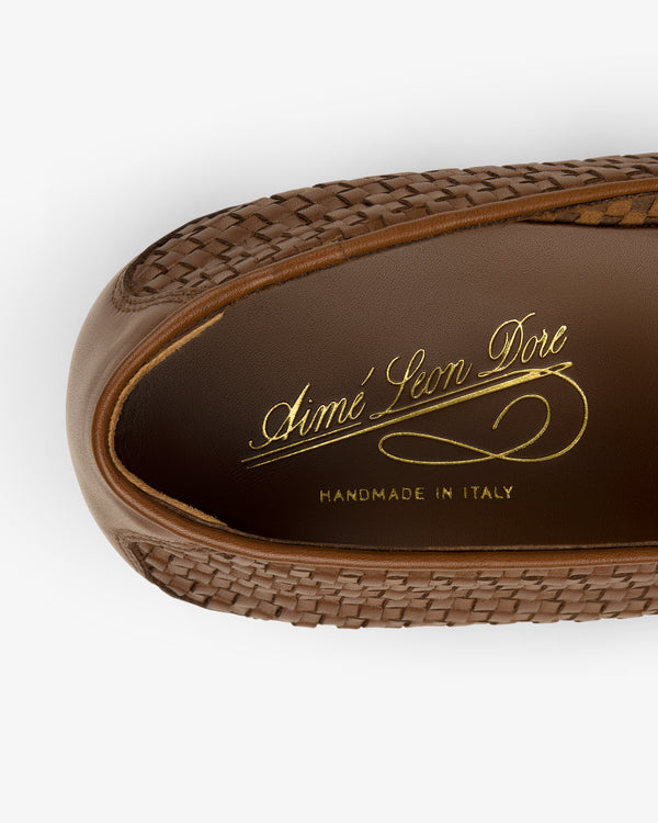 Leather Raffia Loafer in brown with "Aimé Leon Dore Handmade in Italy" in gold on the insole.