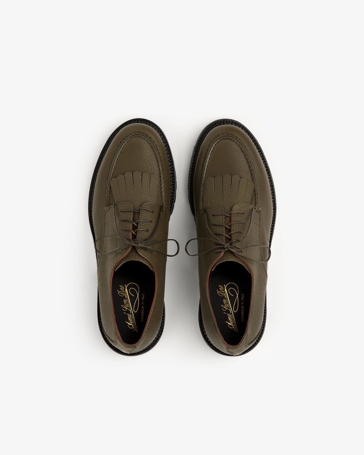 Olive green Leather Lug Sole Derby shoes with laces, viewed from above on a white background.