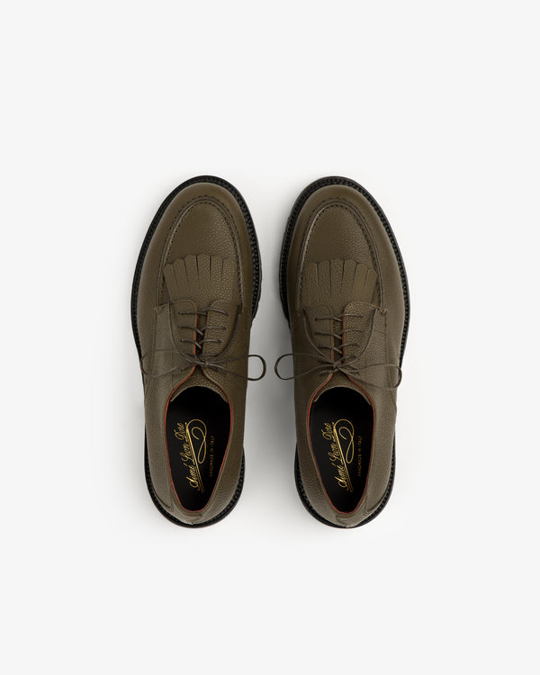 Olive green Leather Lug Sole Derby shoes with laces, viewed from above on a white background.