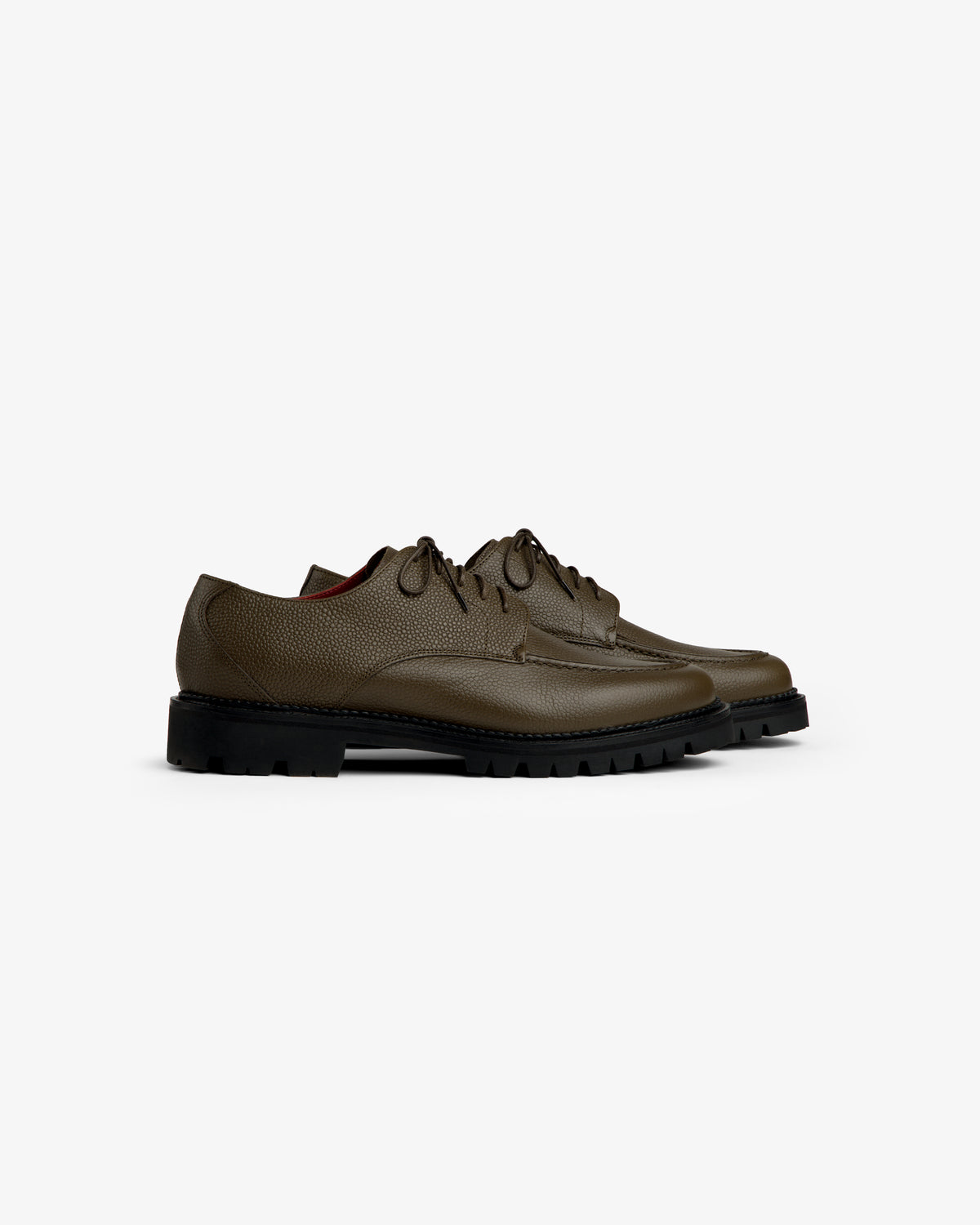 Olive green Leather Lug Sole Derby shoes with thick black lug soles.