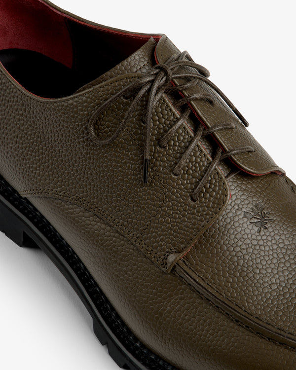 Olive green textured Leather Lug Sole Derby with matching laces and a thick black lug sole.