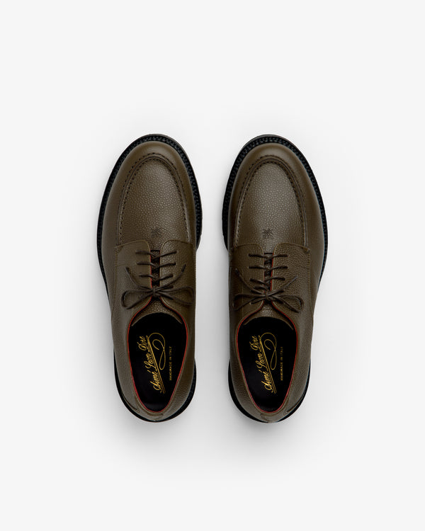 Top-down view of olive green Leather Lug Sole Derby shoes with brown laces and thick lug soles.