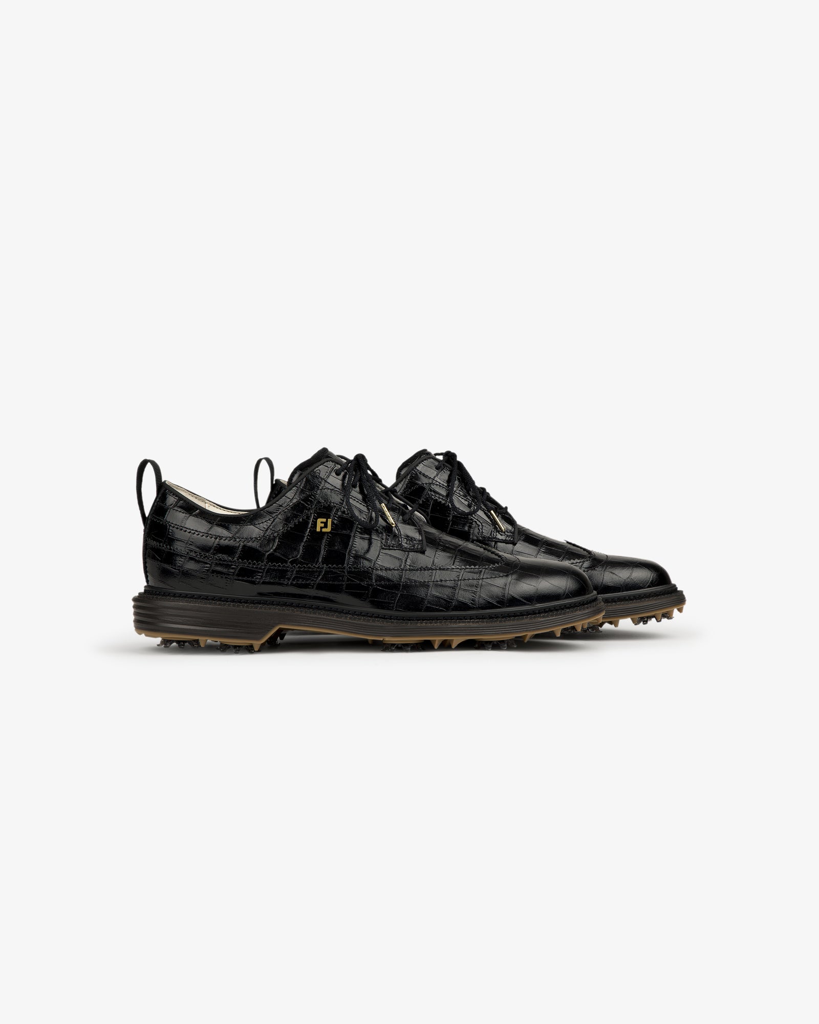 ALD / Footjoy Croc-Embossed Premiere Series Marquis black leather dress shoes with lace-up fronts and brown soles.