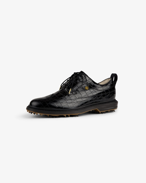 ALD / Footjoy Croc-Embossed Premiere Series Marquis: black lace-up dress shoe with brown sole on white background.