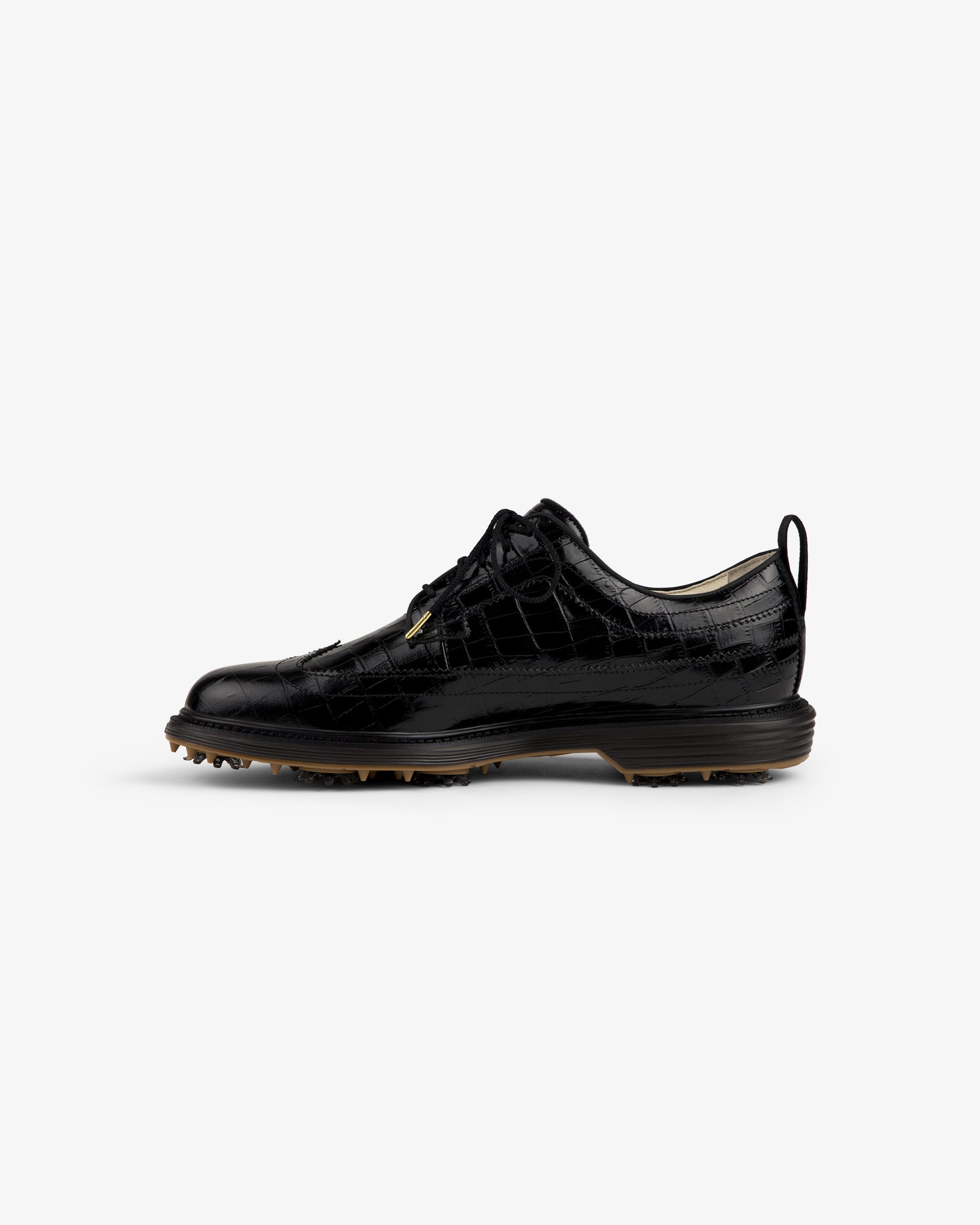 ALD / Footjoy Croc-Embossed Premiere Series Marquis: black leather golf shoe with laces and rubber spikes.