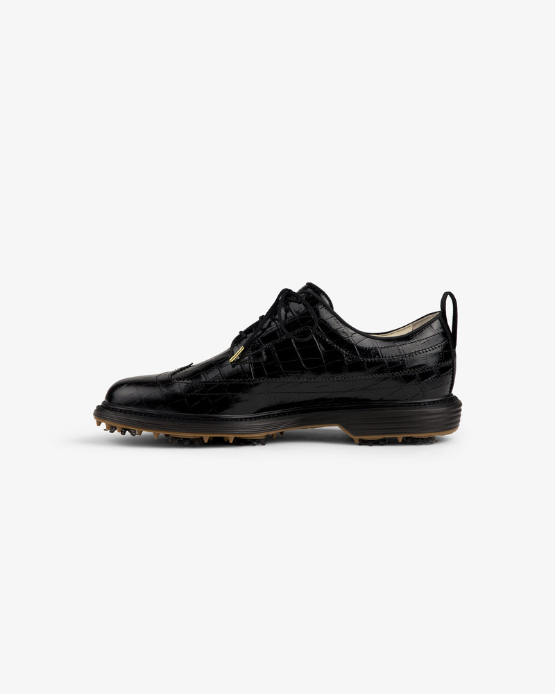 ALD / Footjoy Croc-Embossed Premiere Series Marquis: black leather golf shoe with laces and rubber spikes.