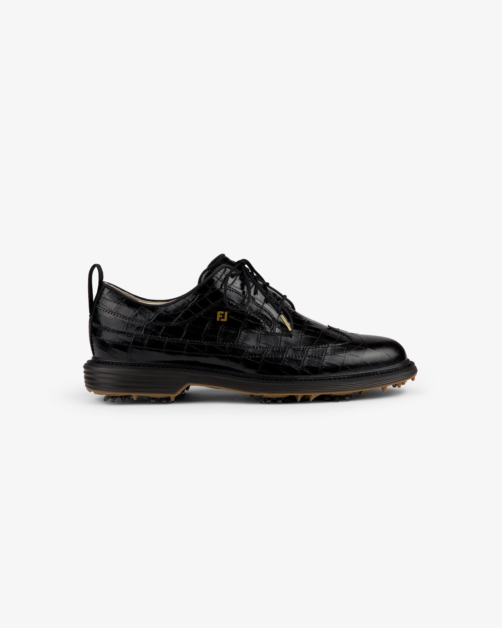 ALD / Footjoy Croc-Embossed Premiere Series Marquis: black lace-up dress shoe with croc pattern and small gold FJ logo.