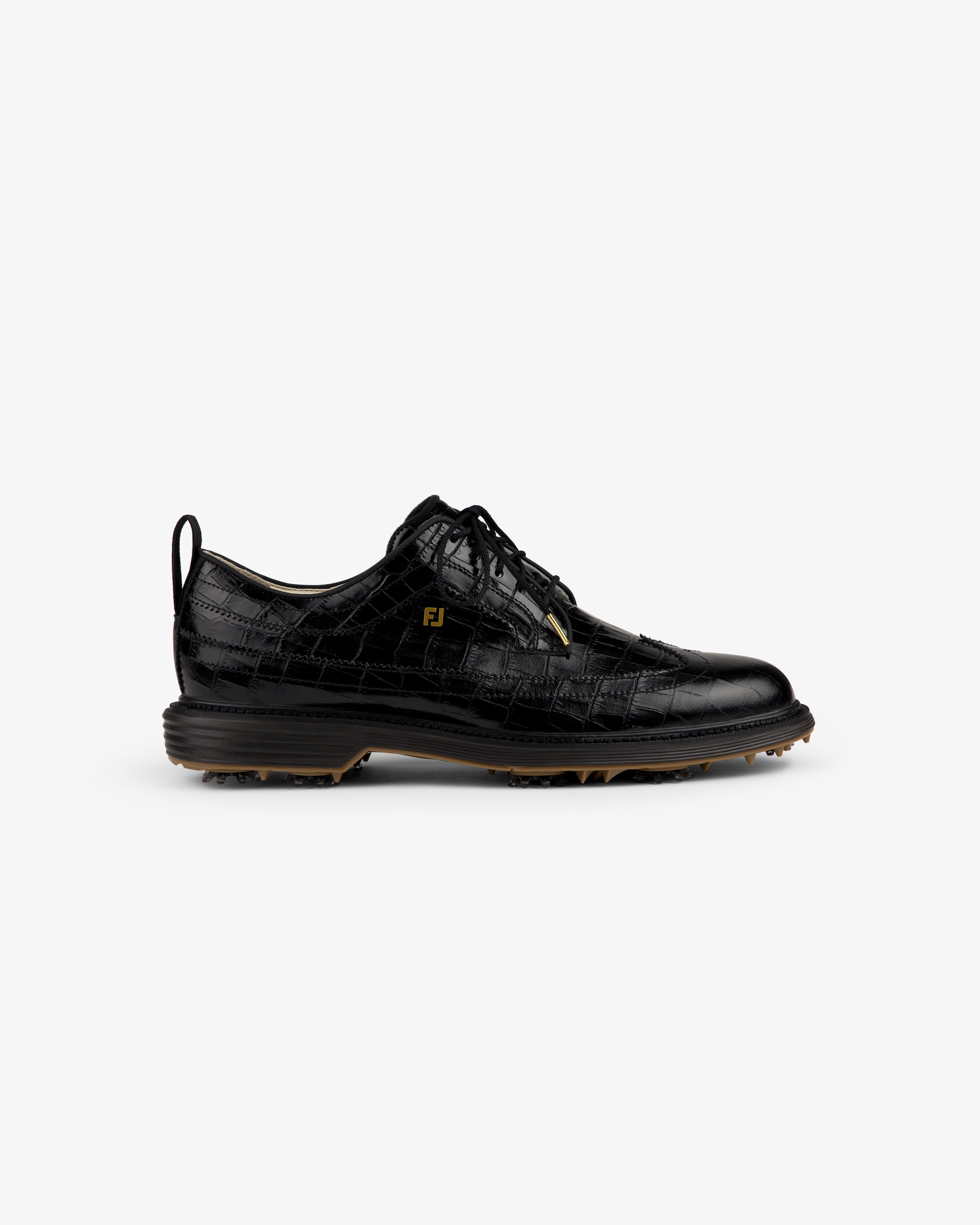 ALD / Footjoy Croc-Embossed Premiere Series Marquis: black lace-up dress shoe with croc pattern and small gold FJ logo.