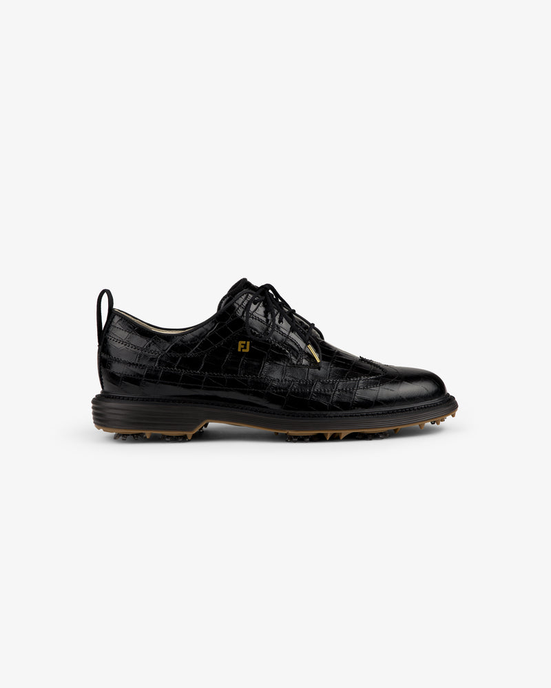 ALD / Footjoy Croc-Embossed Premiere Series Marquis: black lace-up dress shoe with croc pattern and small gold FJ logo.
