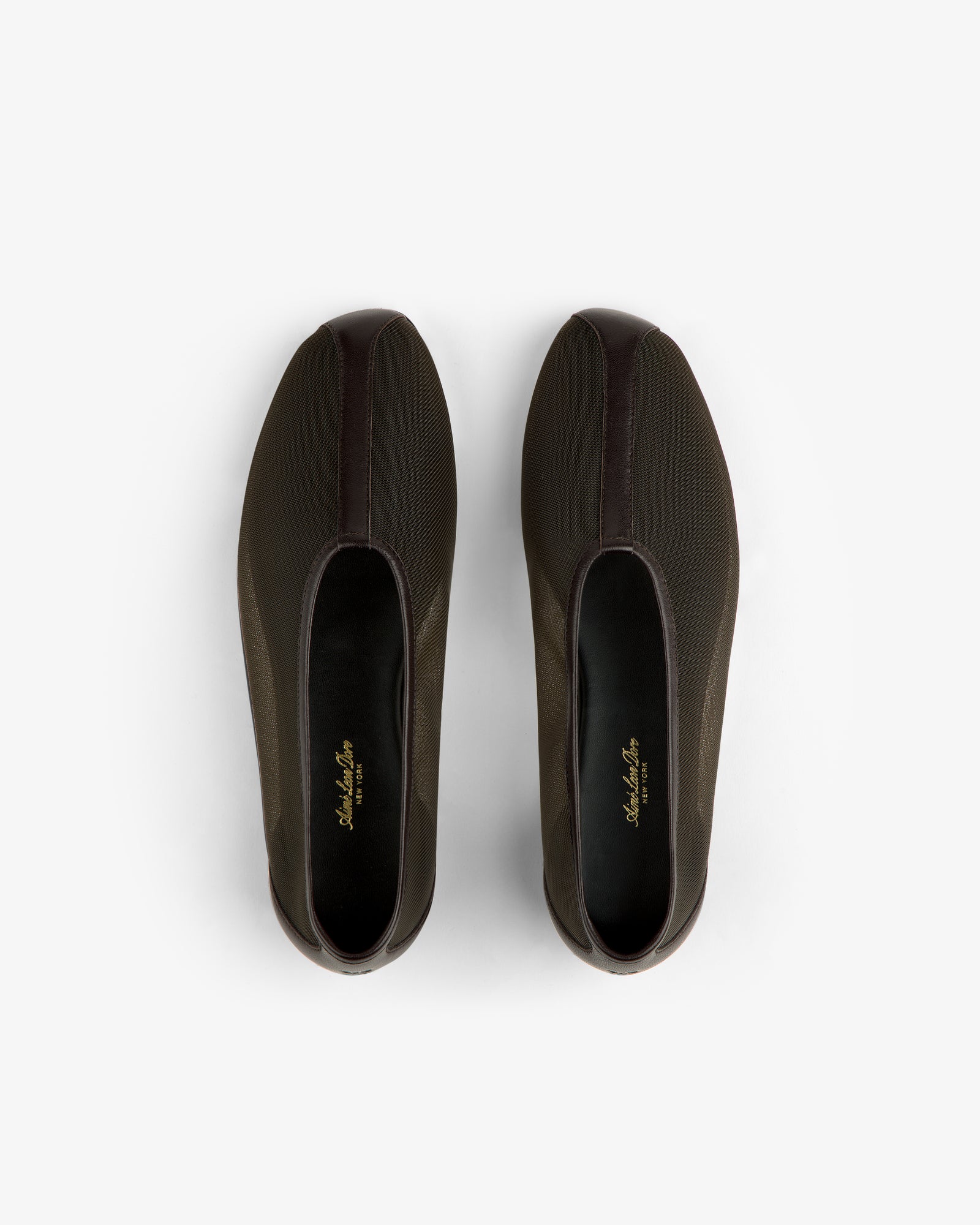 Top view of Mesh Ballet Flat slip-ons with gold insole text, displayed on a white background.
