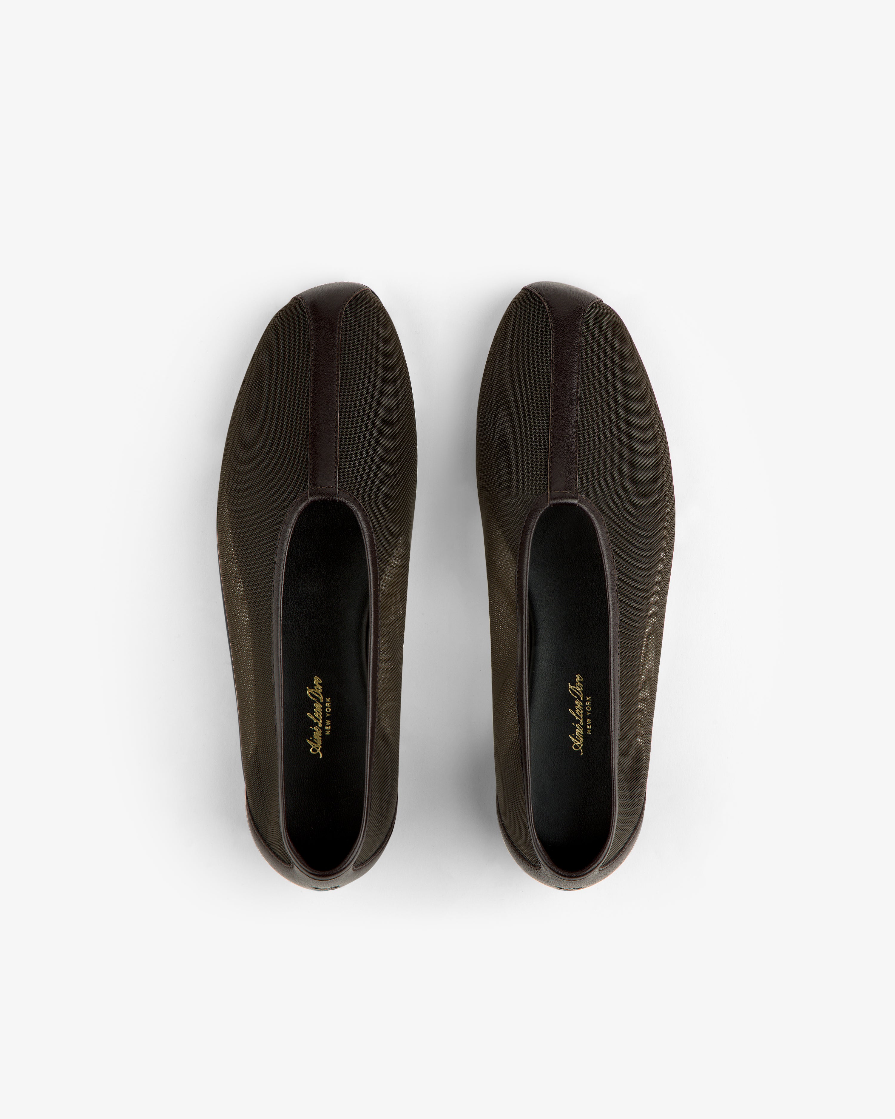 Top view of Mesh Ballet Flat slip-ons with gold insole text, displayed on a white background.