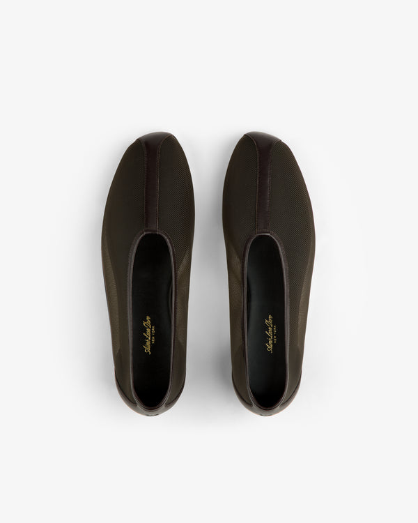 Top view of Mesh Ballet Flat slip-ons with gold insole text, displayed on a white background.