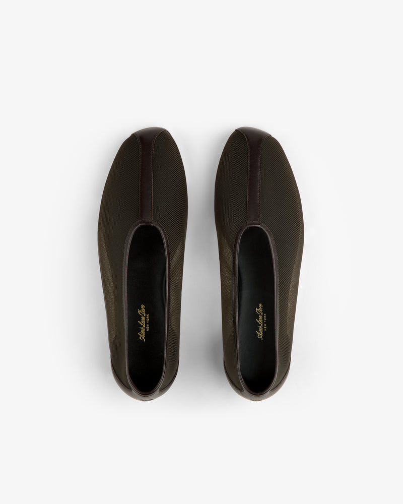 Top view of Mesh Ballet Flat slip-ons with gold insole text, displayed on a white background.